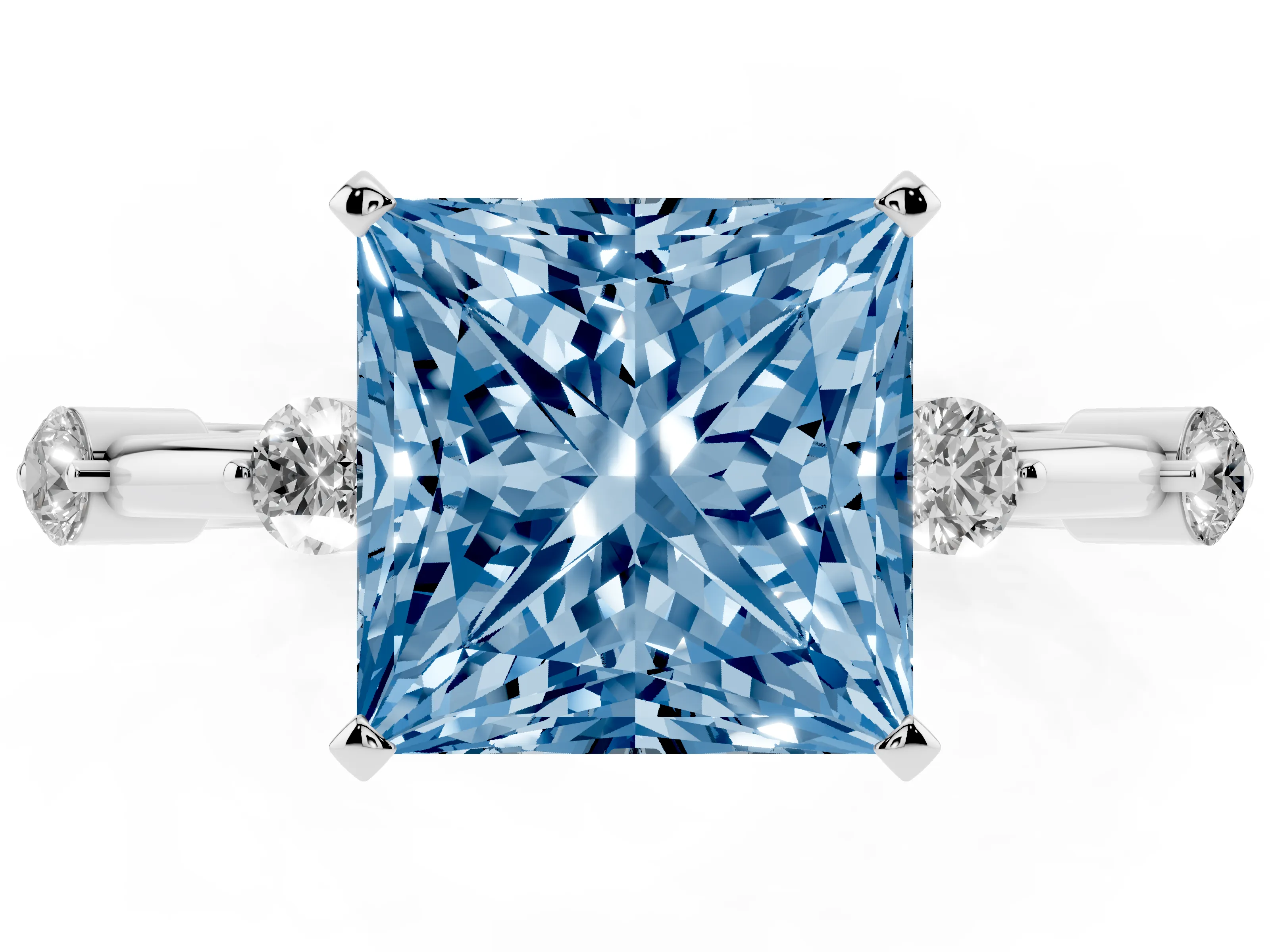Fancy Blue Princess Cut Diamond Solitaire Ring Set in Silver with Bezel Set Side Stones and Prong Setting