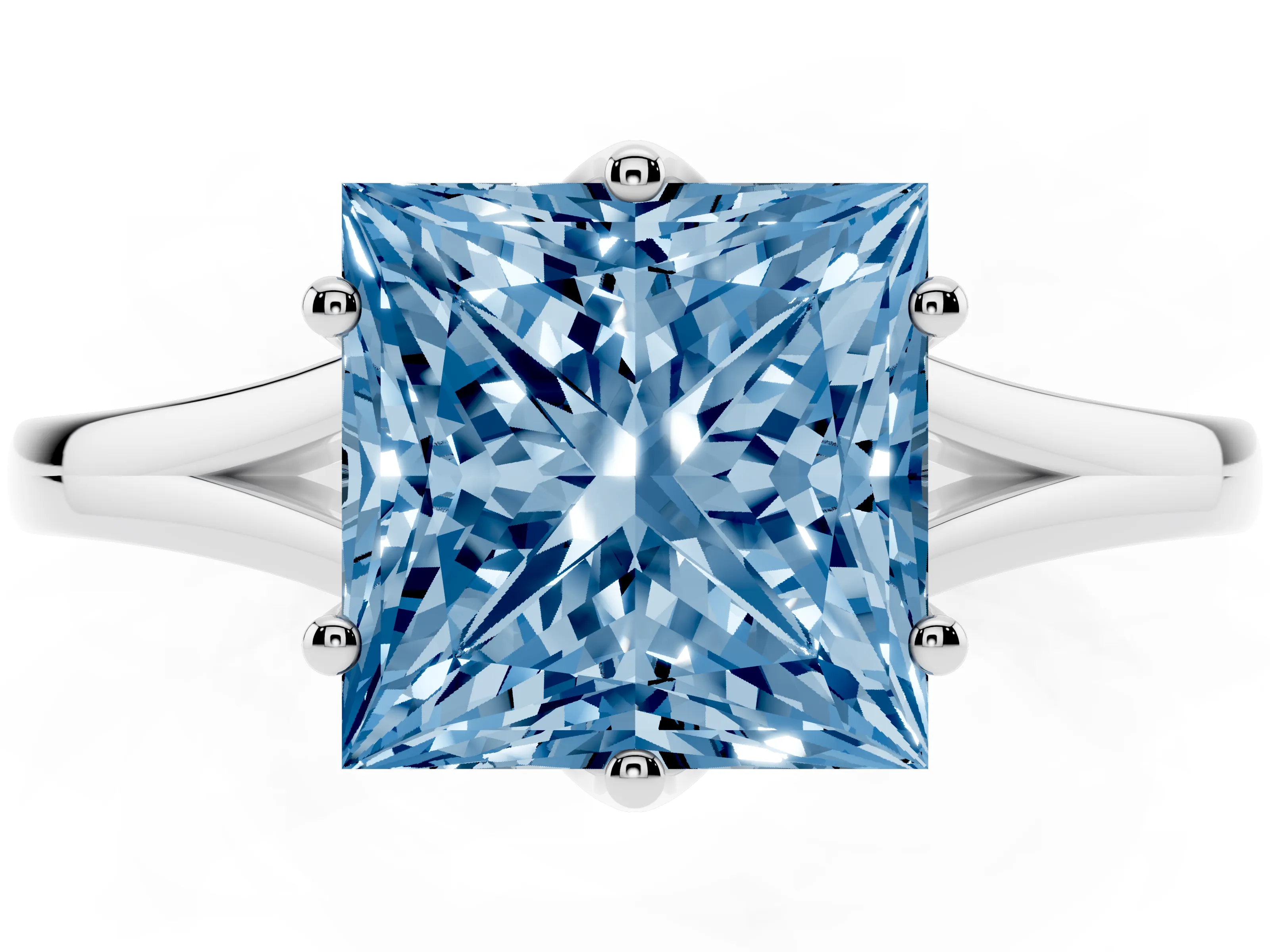 Fancy Blue Princess Cut Diamond Solitaire Ring Set in Silver with Polished Tapered Band and Prong Setting