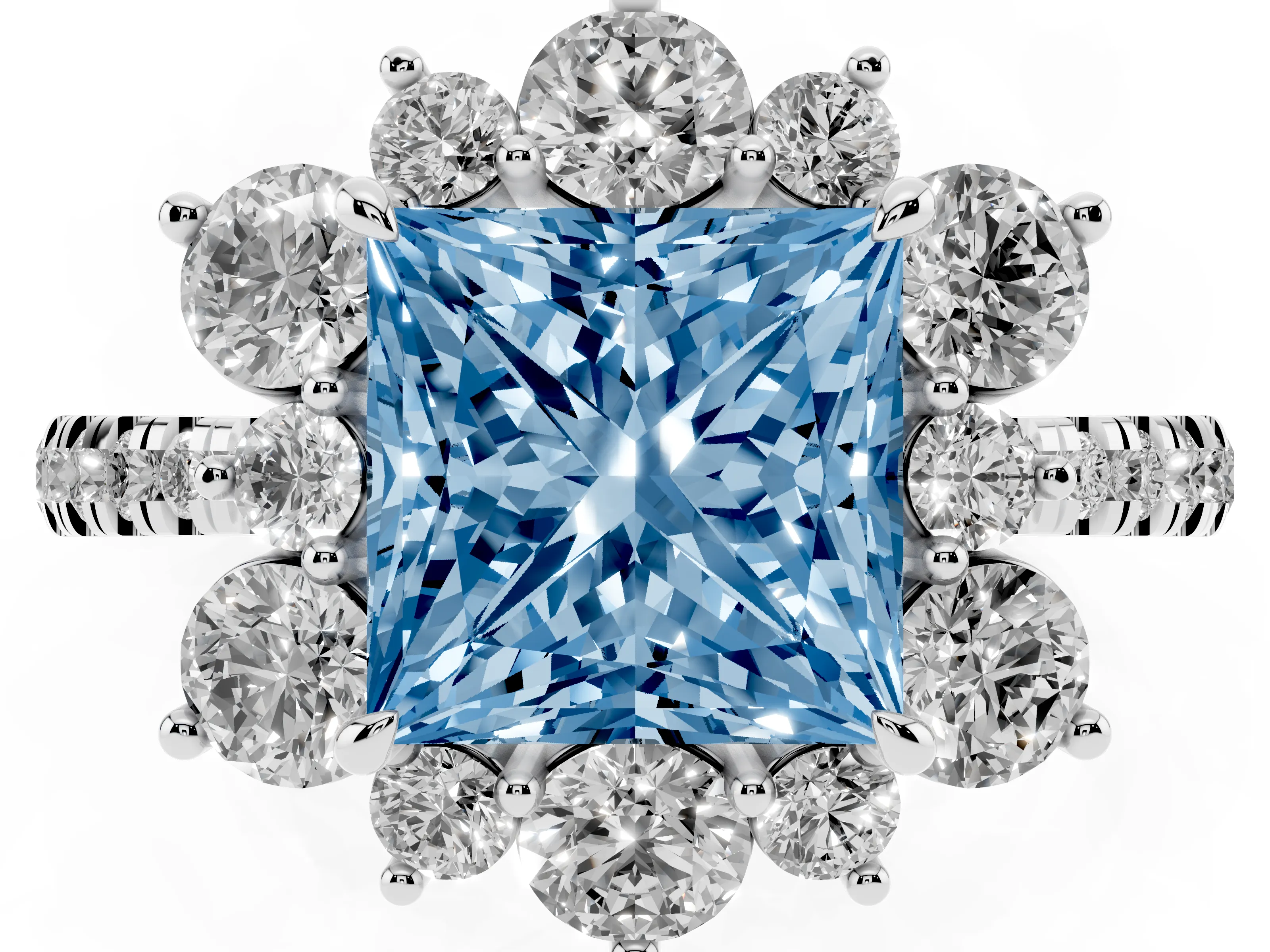 Fancy Blue Princess Cut Diamond Floral Halo Ring Set in White gold with Round Pavé Band and Prong Setting