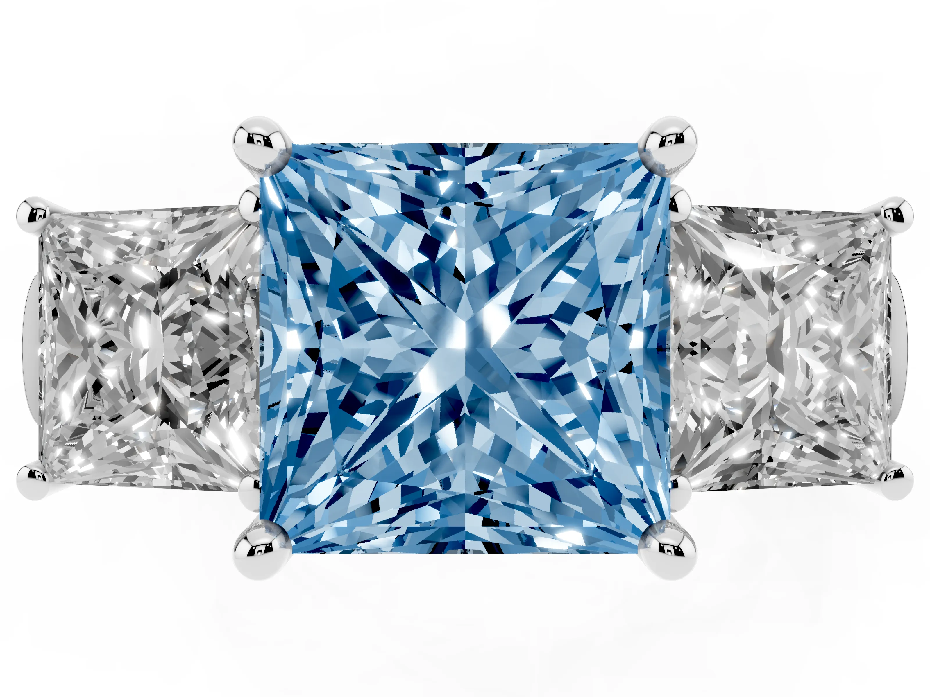 Fancy Blue Princess Cut Diamond Three-Stone Trellis Ring Set in Platinum with Comfort Fit Band