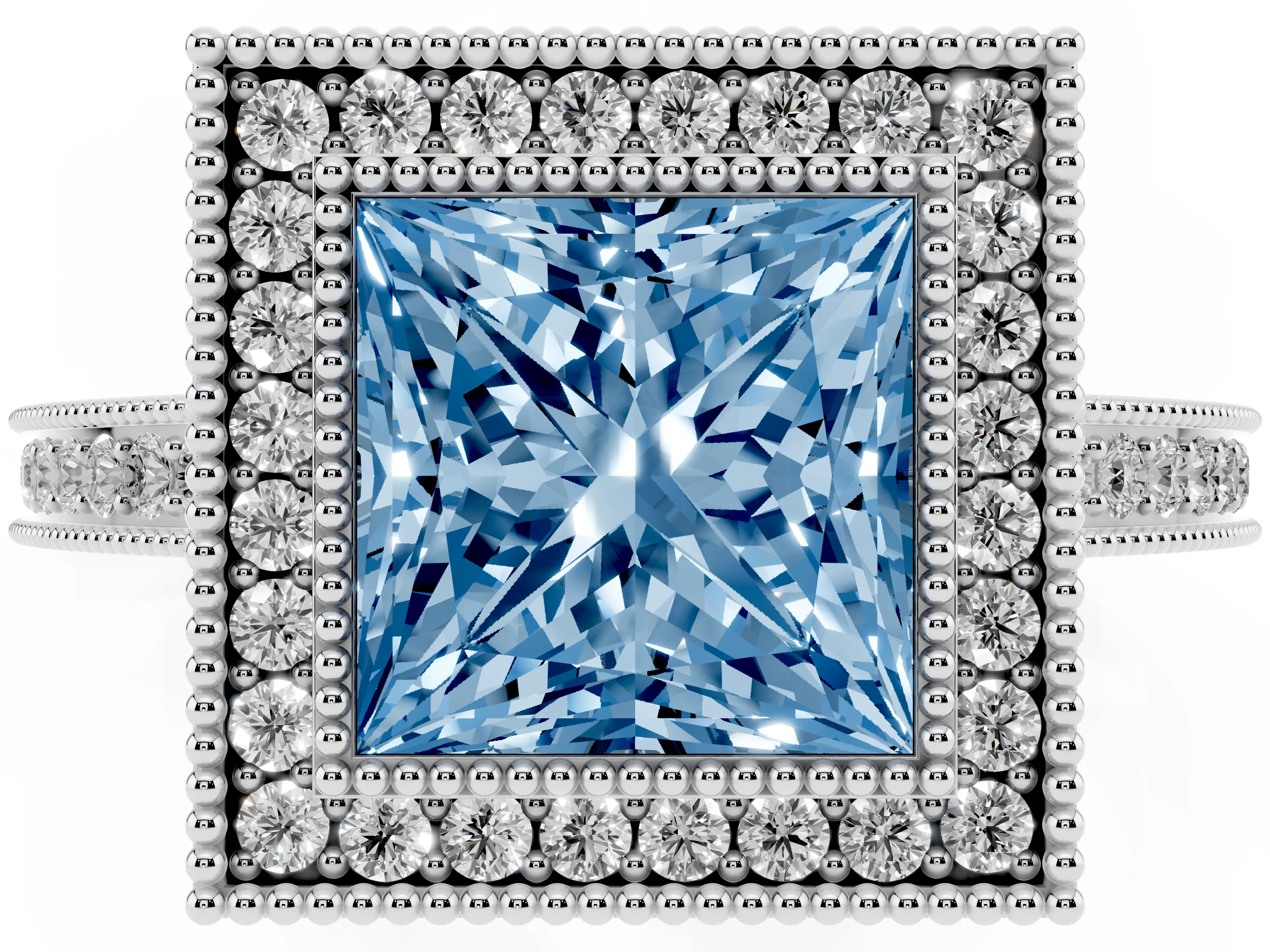 Fancy Blue Princess Cut Diamond Halo Ring Set in Silver with Pavé Band and Milgrain-Edged Prongs