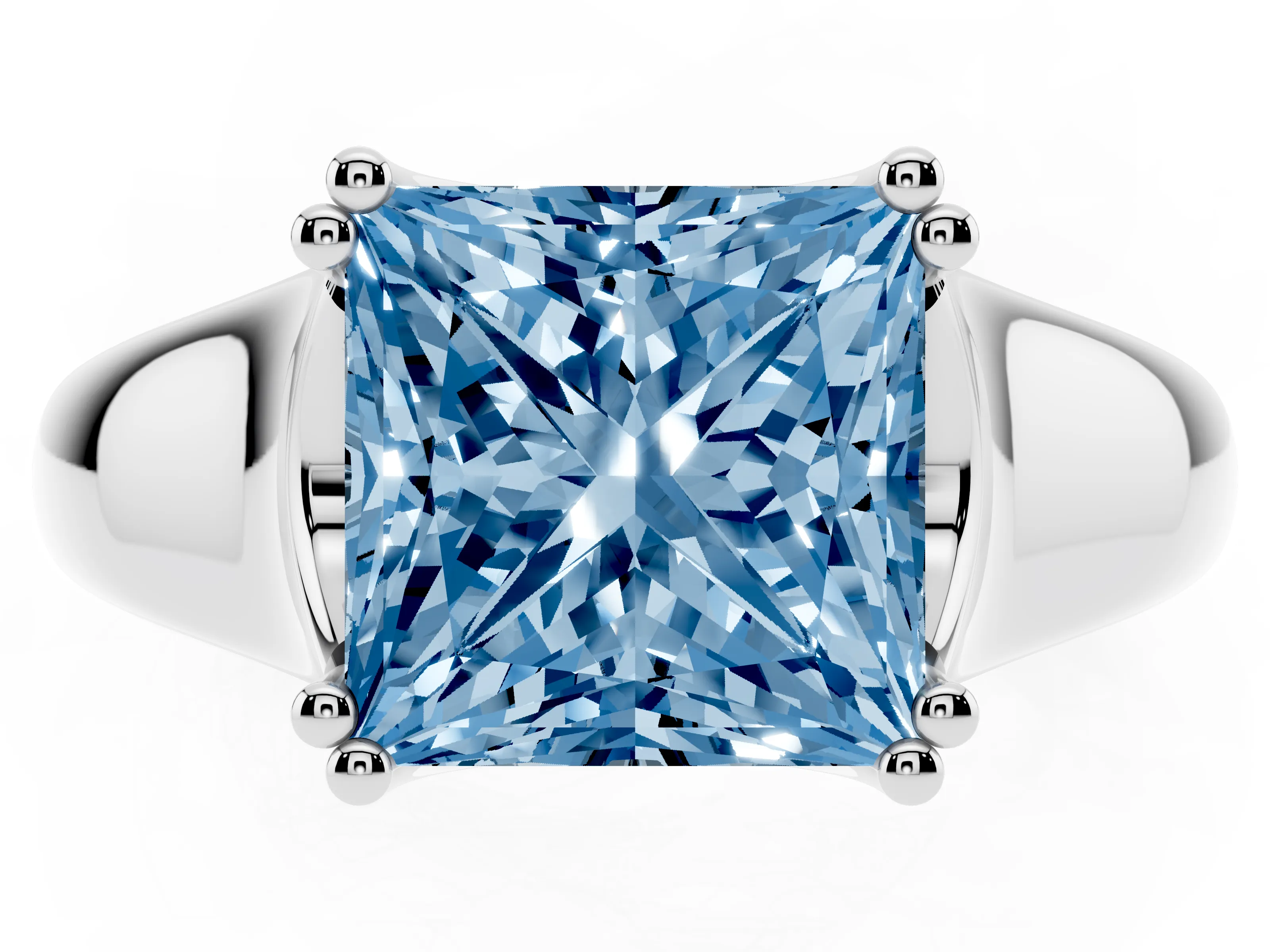 Fancy Blue Princess Cut Diamond Solitaire Ring Set in Platinum with Wide Band and Prong Setting