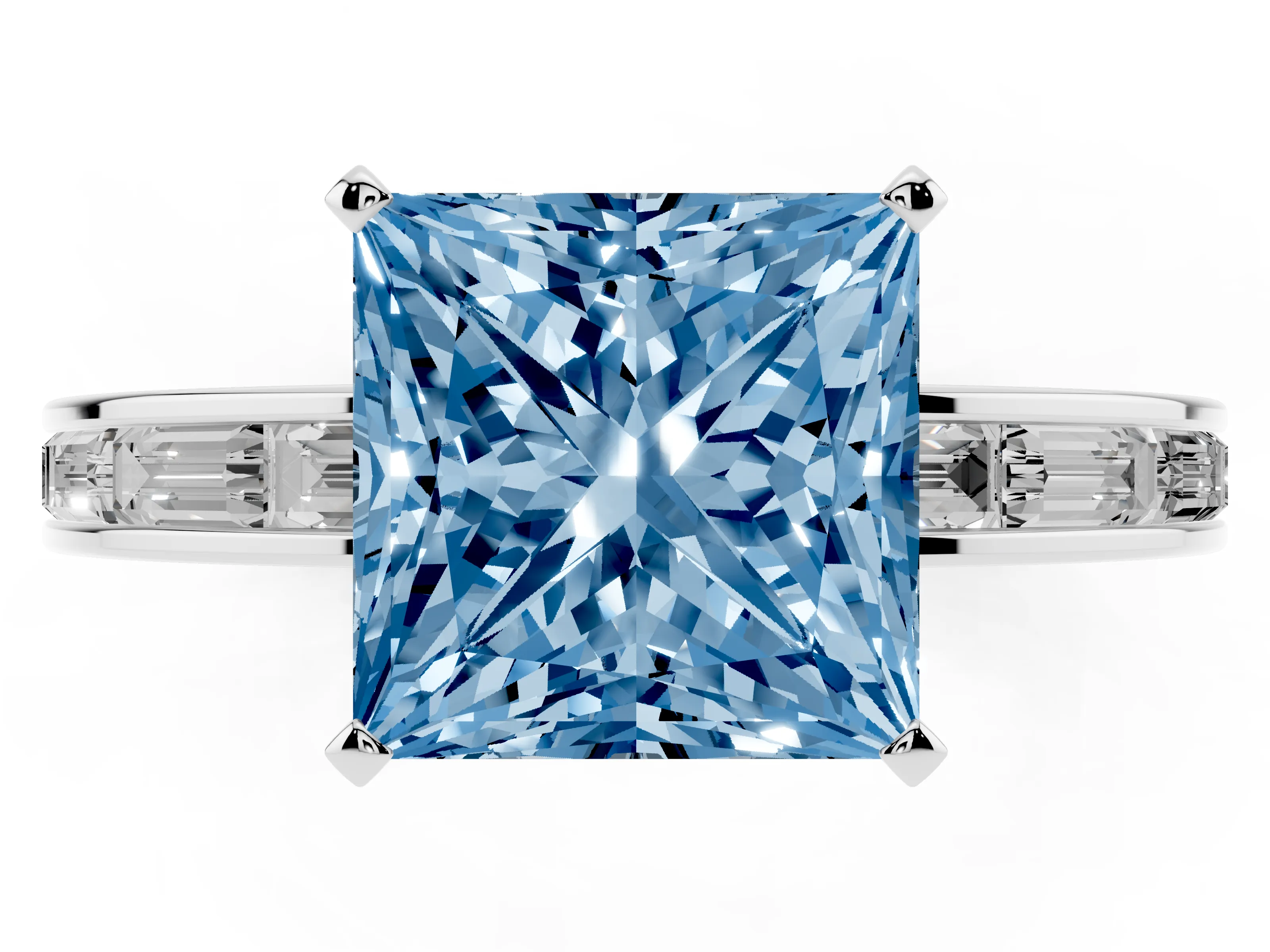 Fancy Blue Princess Cut Diamond Solitaire Ring Set in Platinum with Channel-Set Baguette Band and Prong Setting