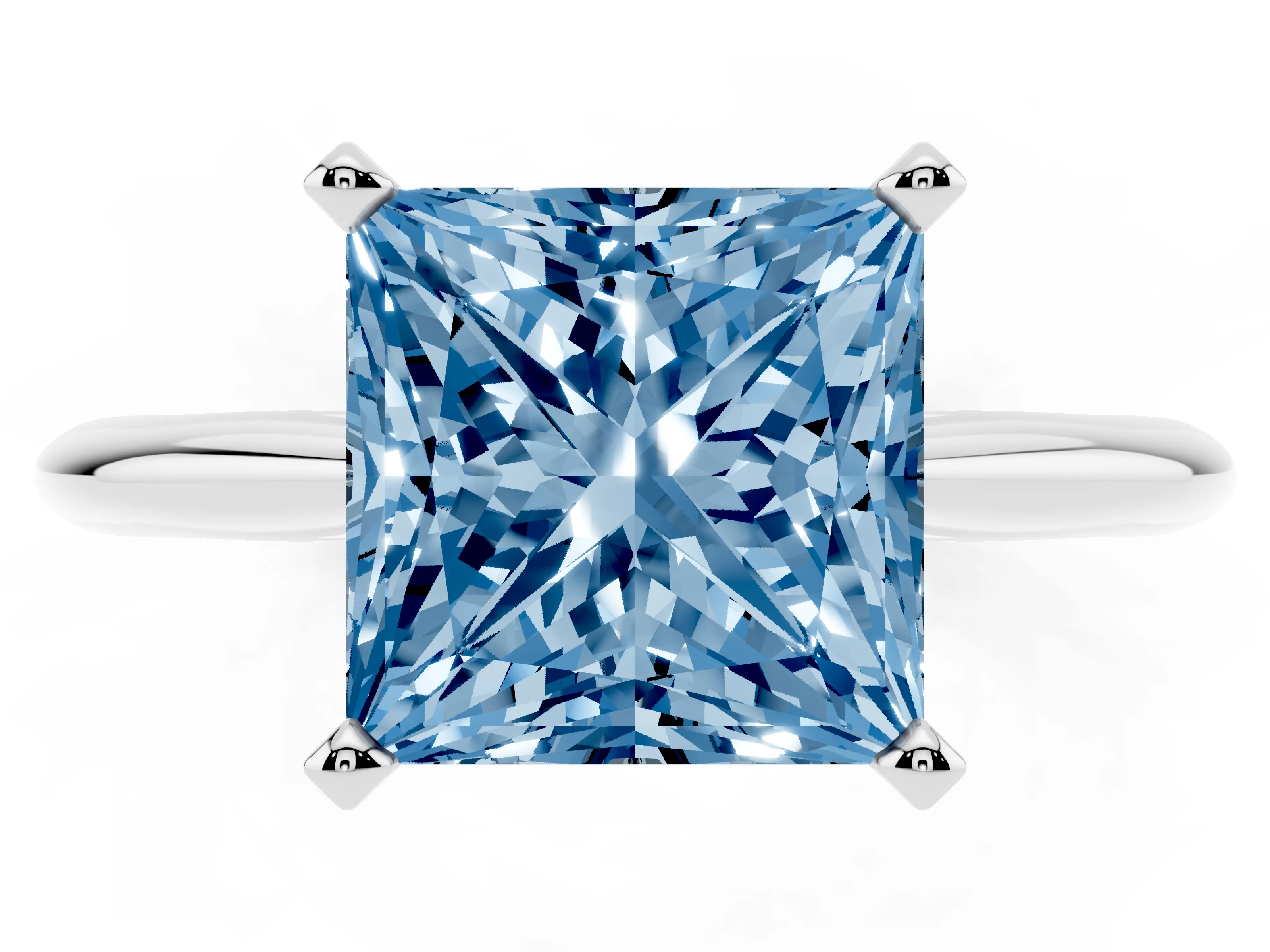 Fancy Blue Princess Cut Diamond Solitaire Ring Set in Platinum with Prong Setting on a Plain Round Band