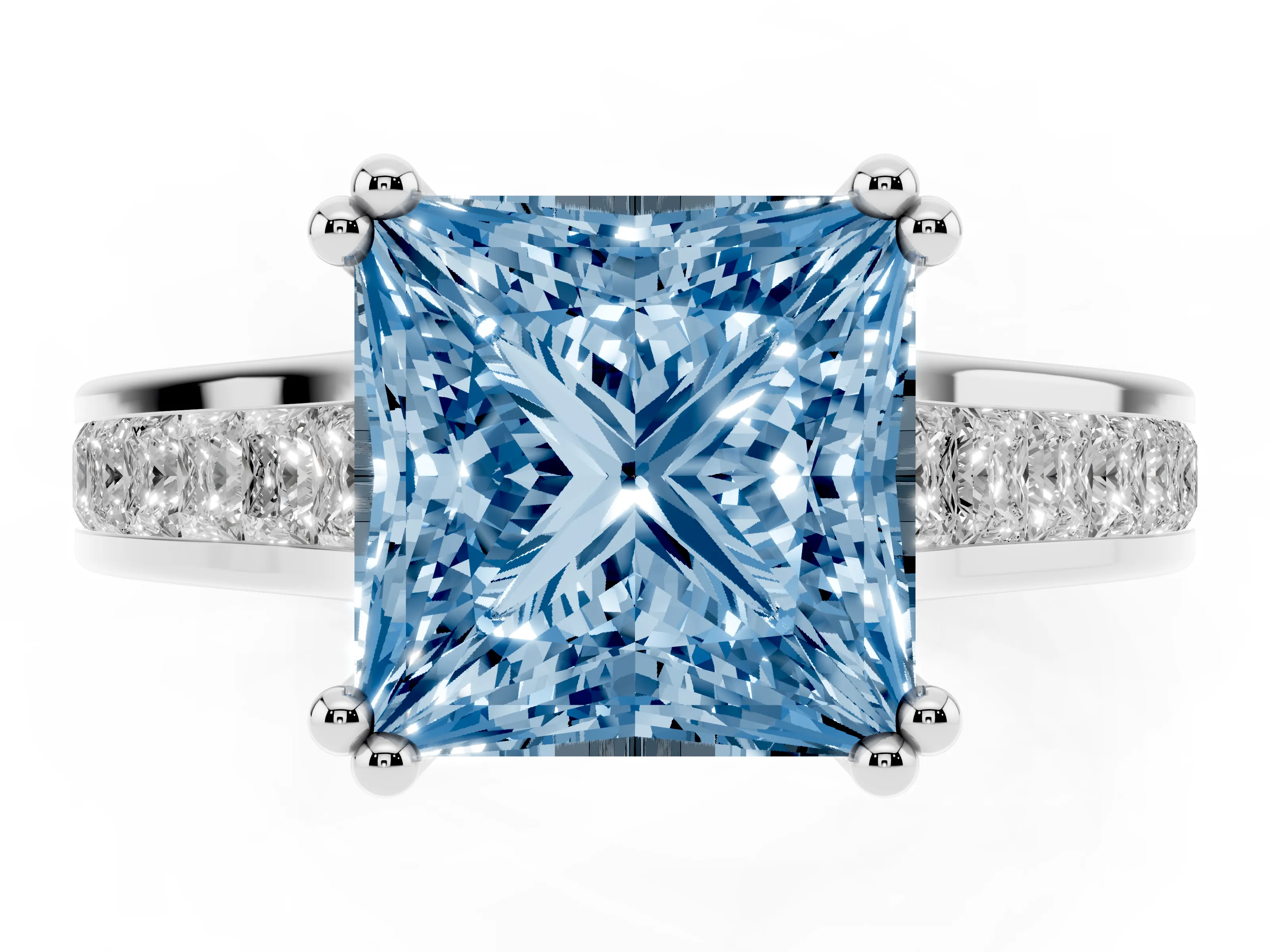 Fancy Blue Princess Cut Diamond Channel Set Solitaire Engagement Ring Set in White gold with Prong Setting
