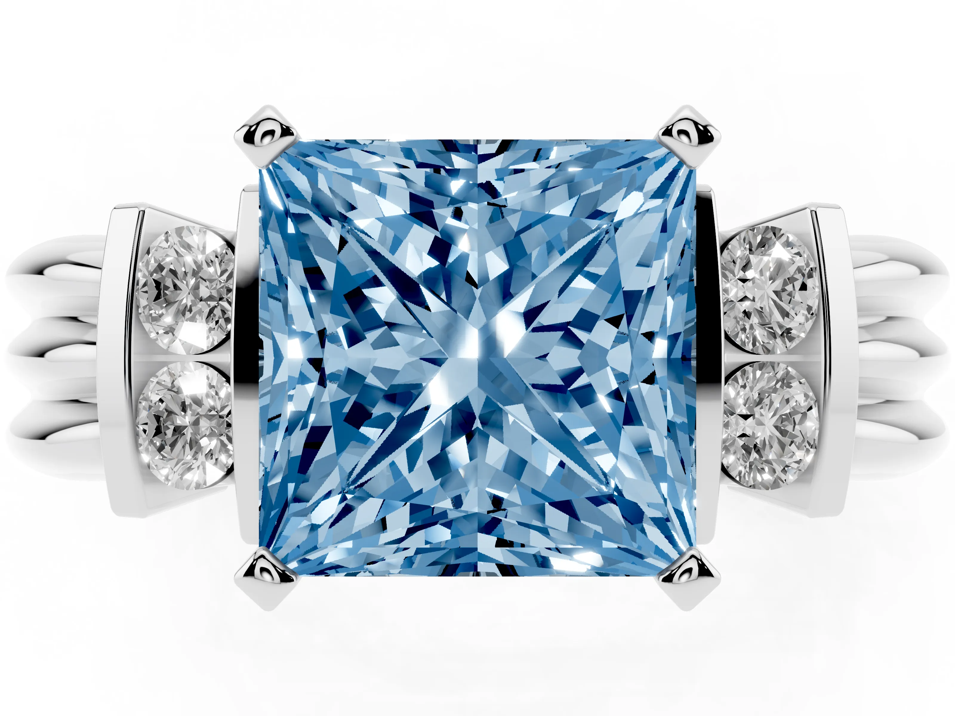 Fancy Blue Three-Stone Princess Cut Diamond Channel Set Ring Set in White gold with Bar Prongs