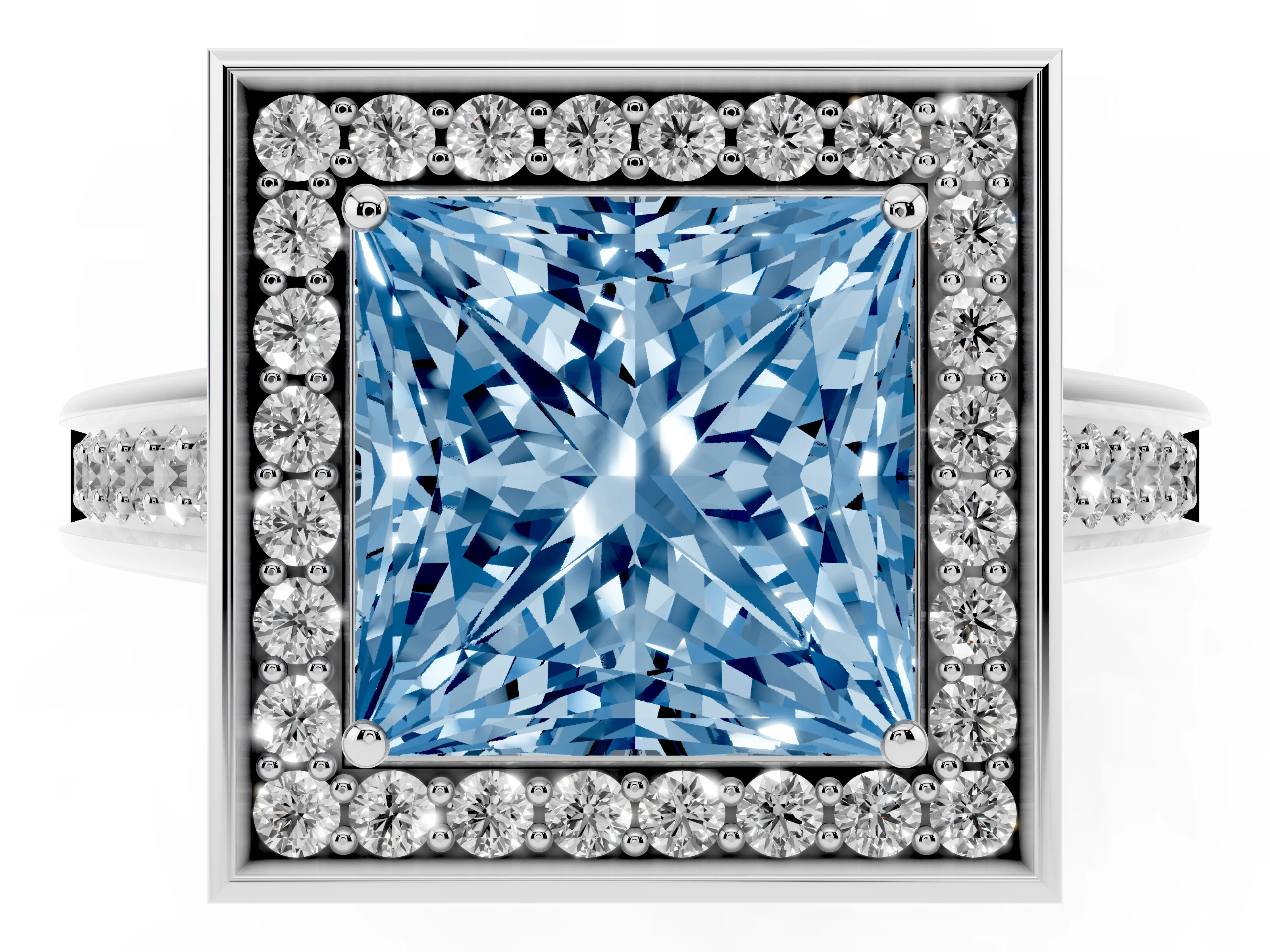Fancy Blue Princess Cut Diamond Halo Solitaire Ring Set in Platinum with Pavé Band and Bezel Setting