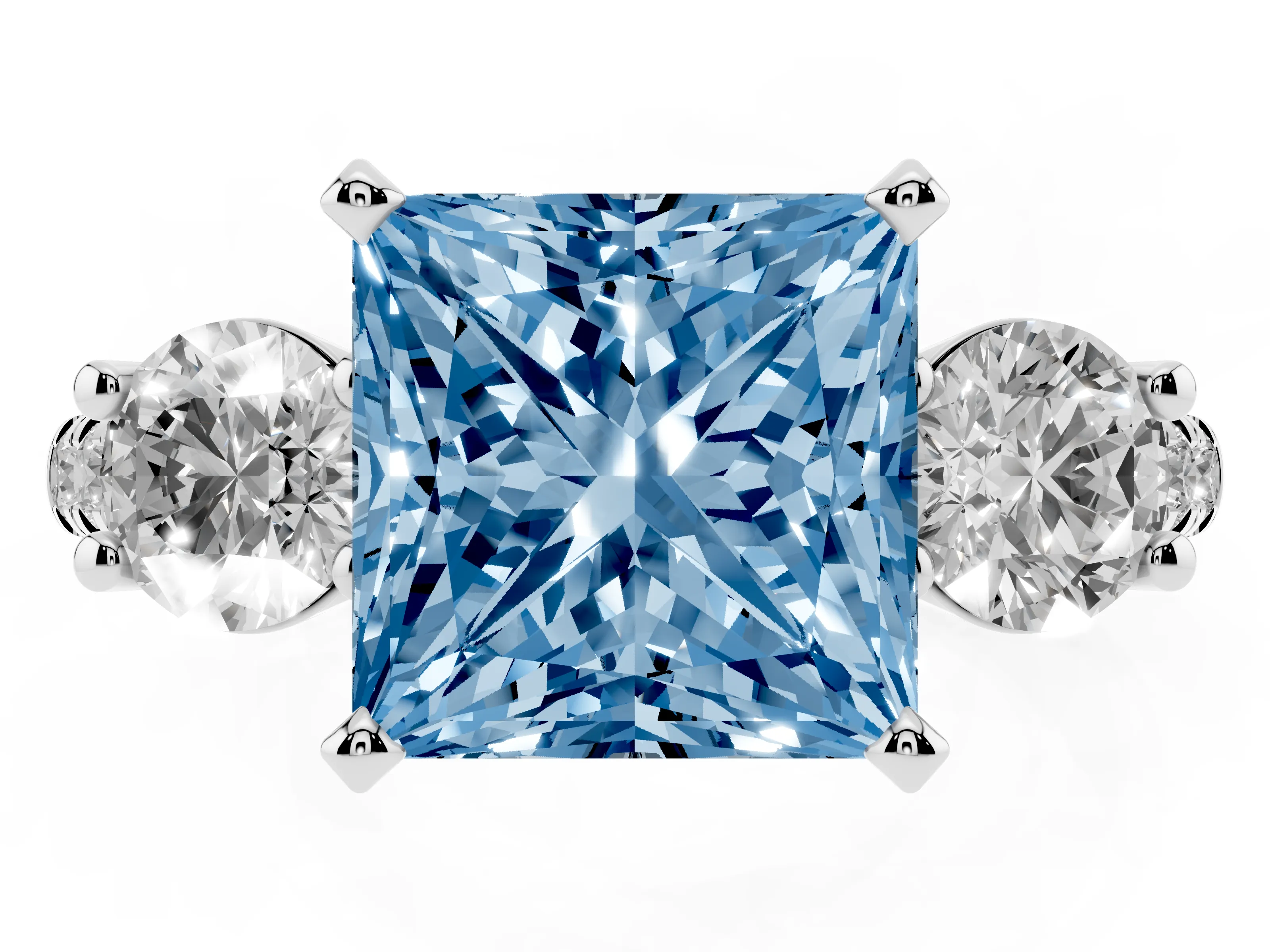 Fancy Blue Three-Stone Princess Cut Diamond Pavé Band Ring Set in Platinum with Prong-Set Trio