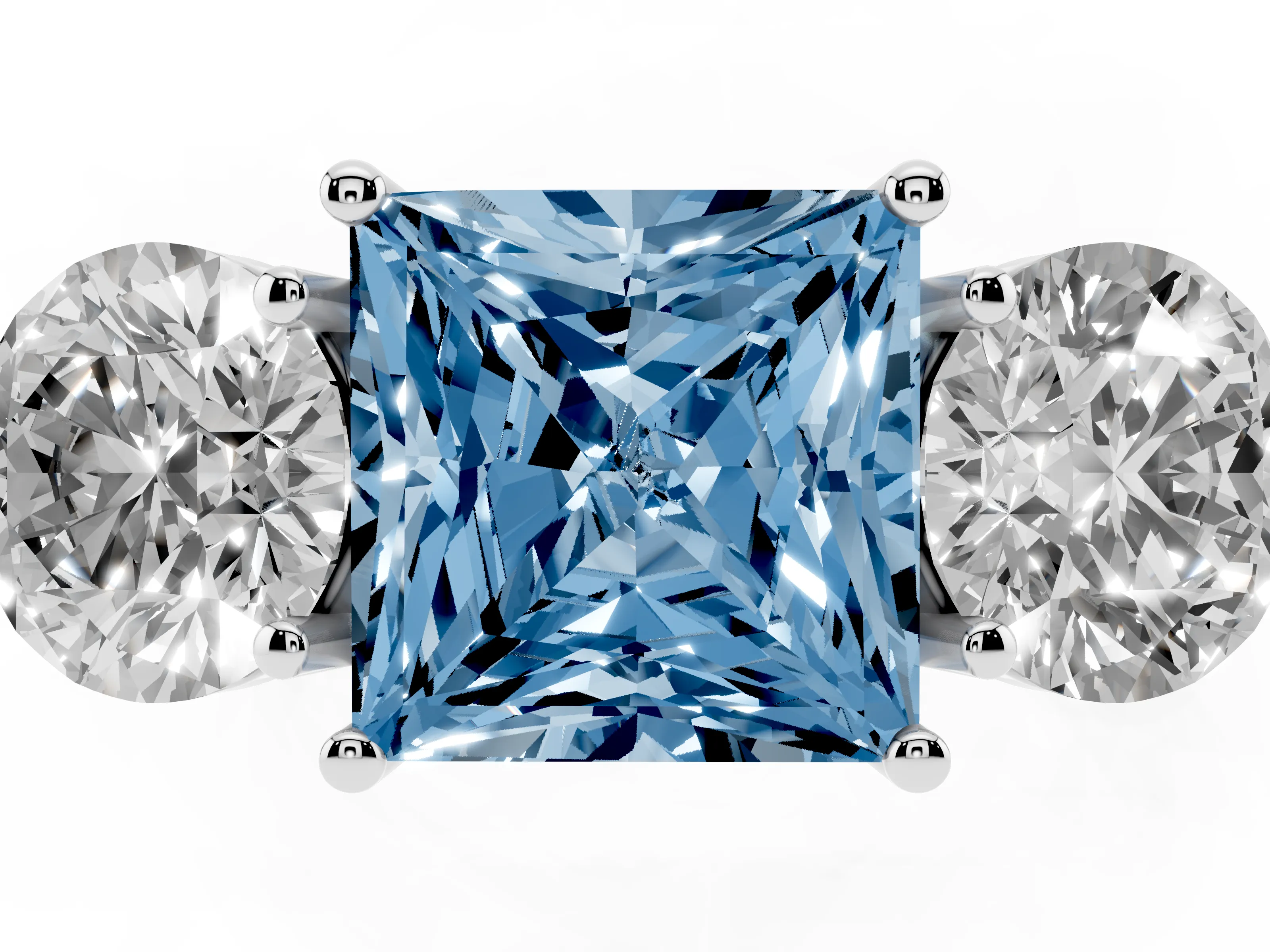 Fancy Blue Princess Cut Diamond Three-Stone Ring Set in White gold with Prong Setting and Plain Band