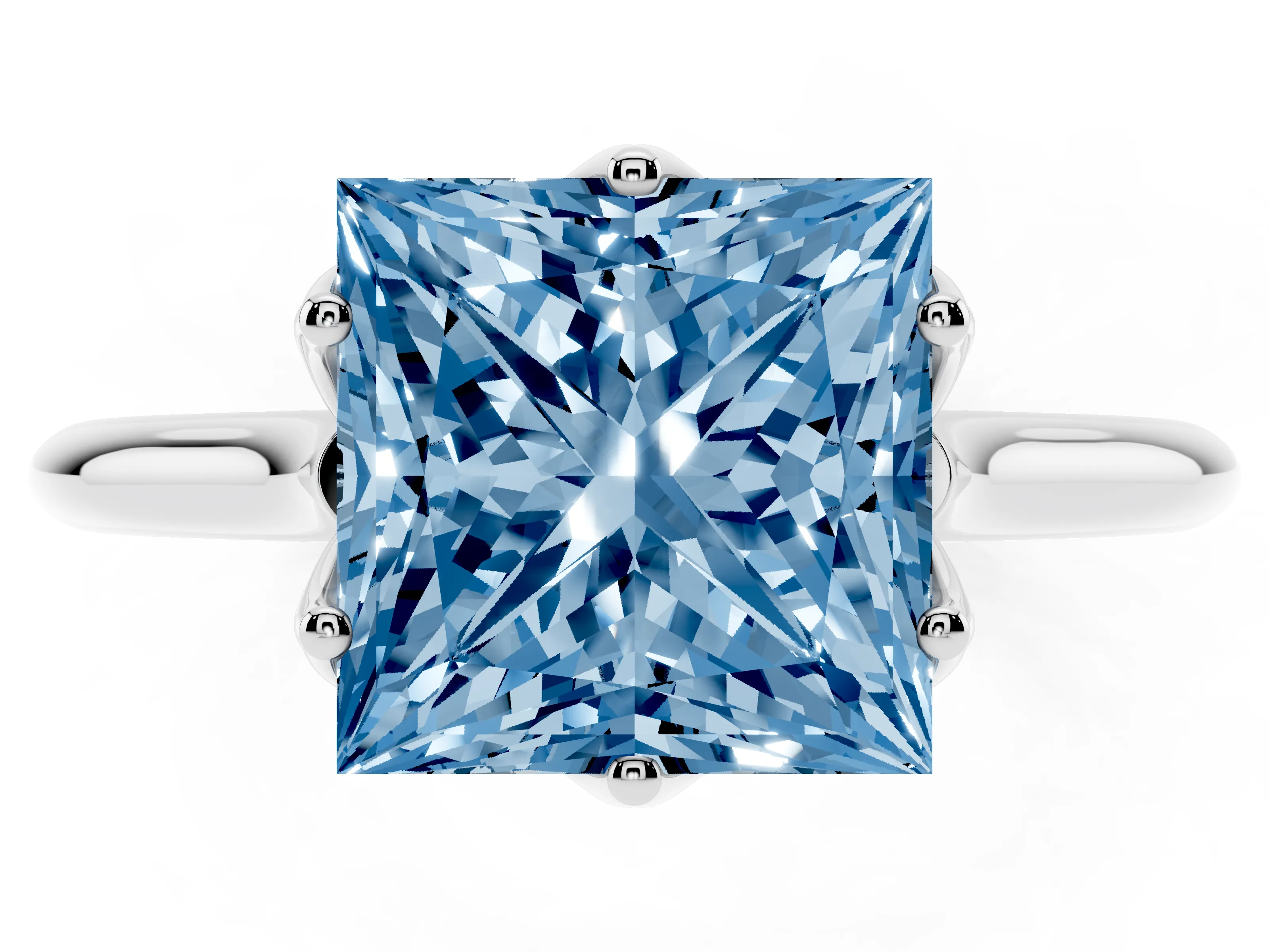 Fancy Blue Princess Cut Diamond Solitaire Cathedral Ring Set in Silver with Prong Setting