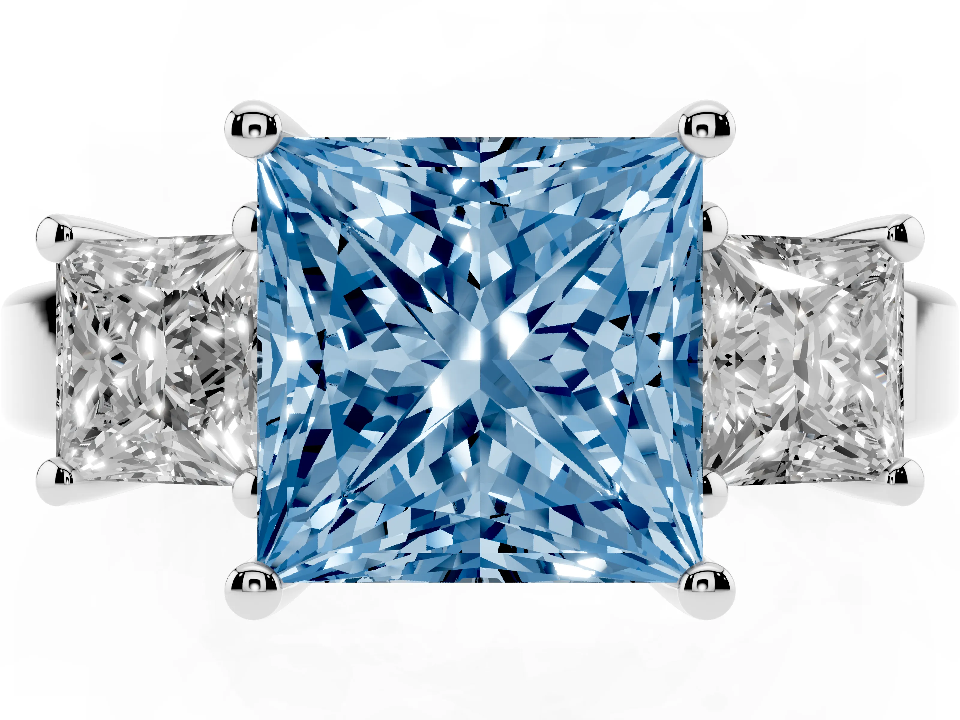 Fancy Blue Three-Stone Princess Cut Diamond Solitaire Ring Set in Platinum with Prong Setting