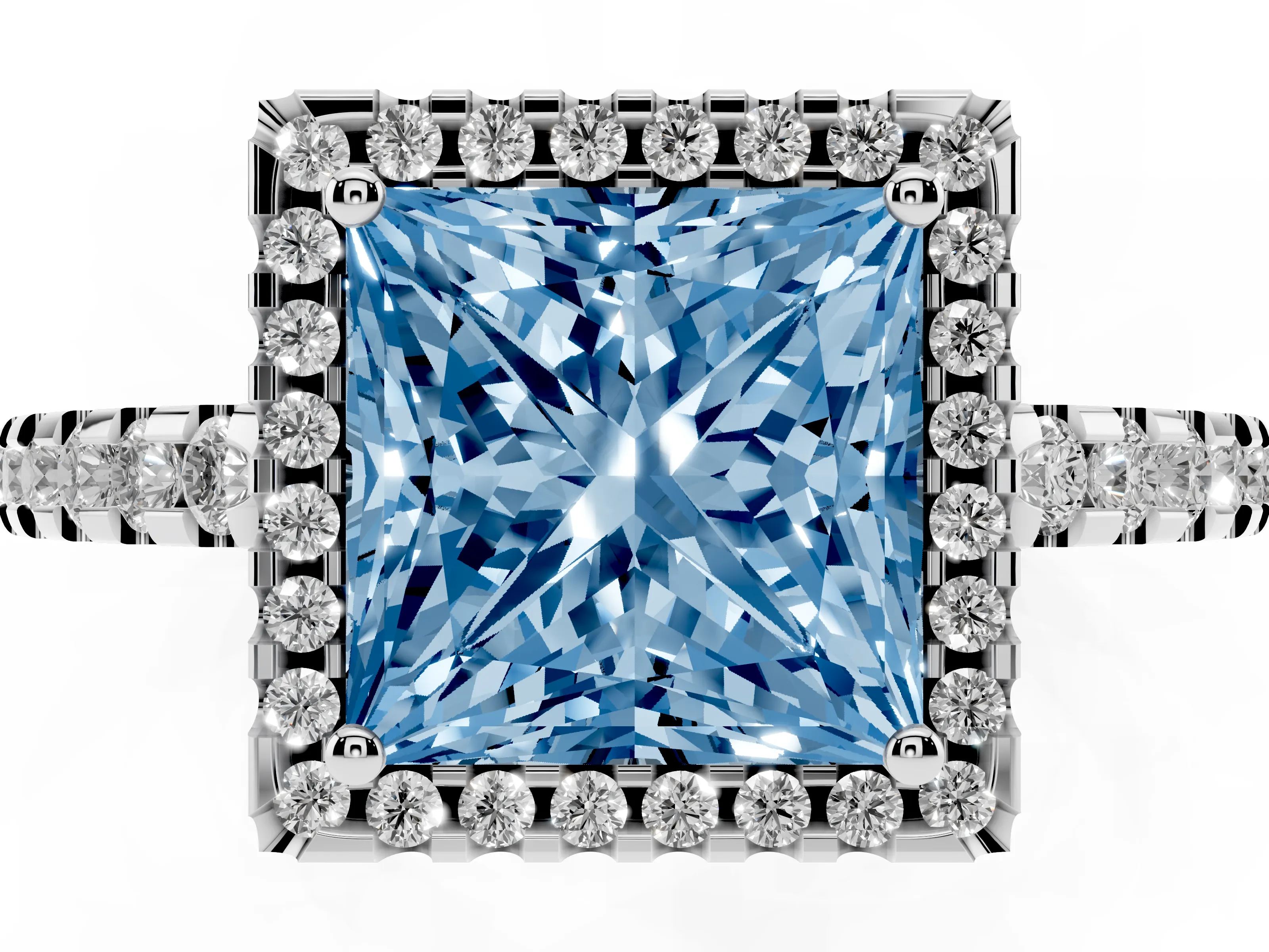 Fancy Blue Princess Cut Diamond Halo Ring Set in Platinum with Pavé Shoulders and Halo-Framed Center