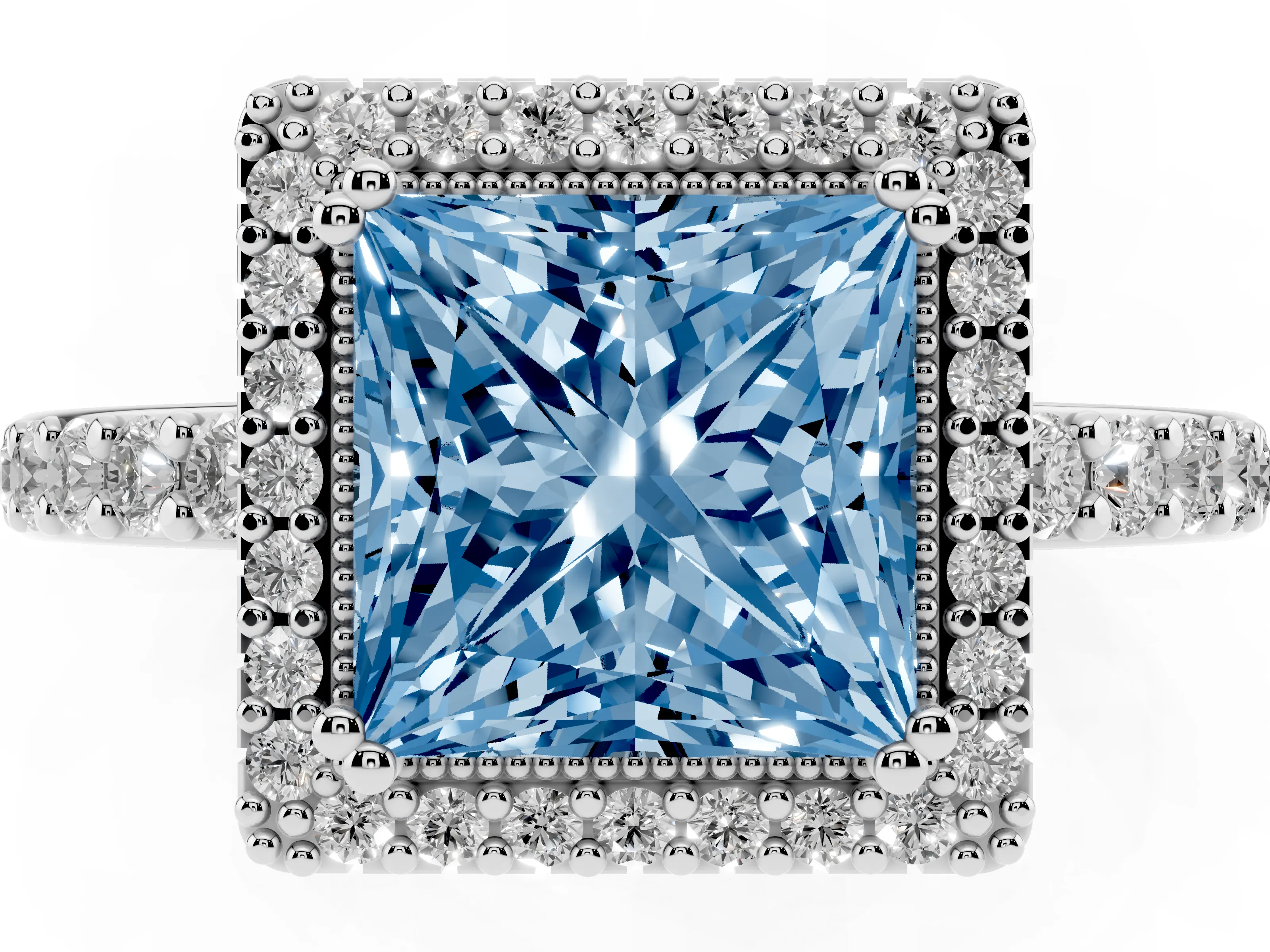 Fancy Blue Princess Cut Diamond Halo Engagement Ring Set in White gold with Milgrain Detail and Pavé Band