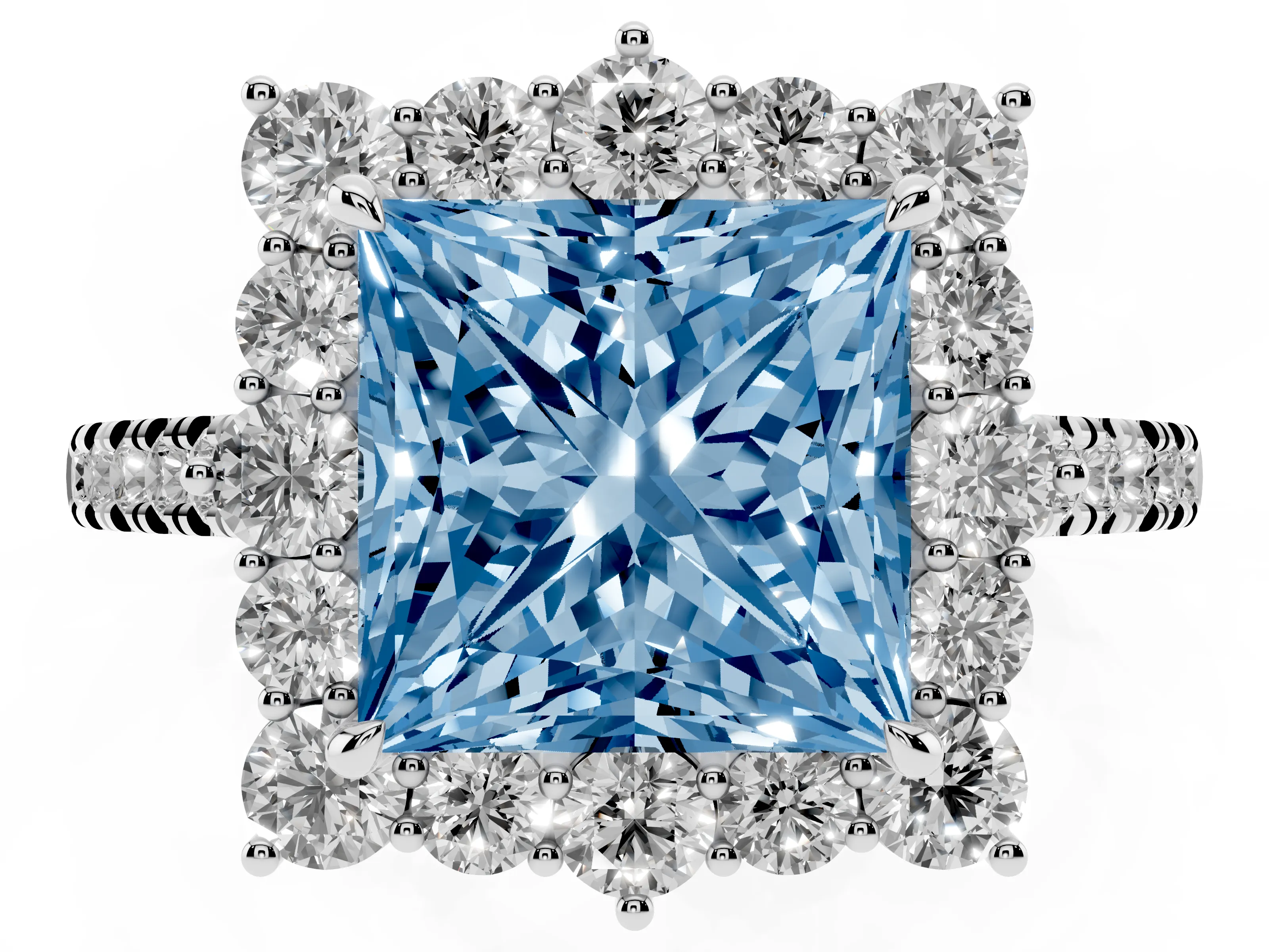 Fancy Blue Princess Cut Diamond Halo Ring Set in White gold with Pavé Band and Prong Setting