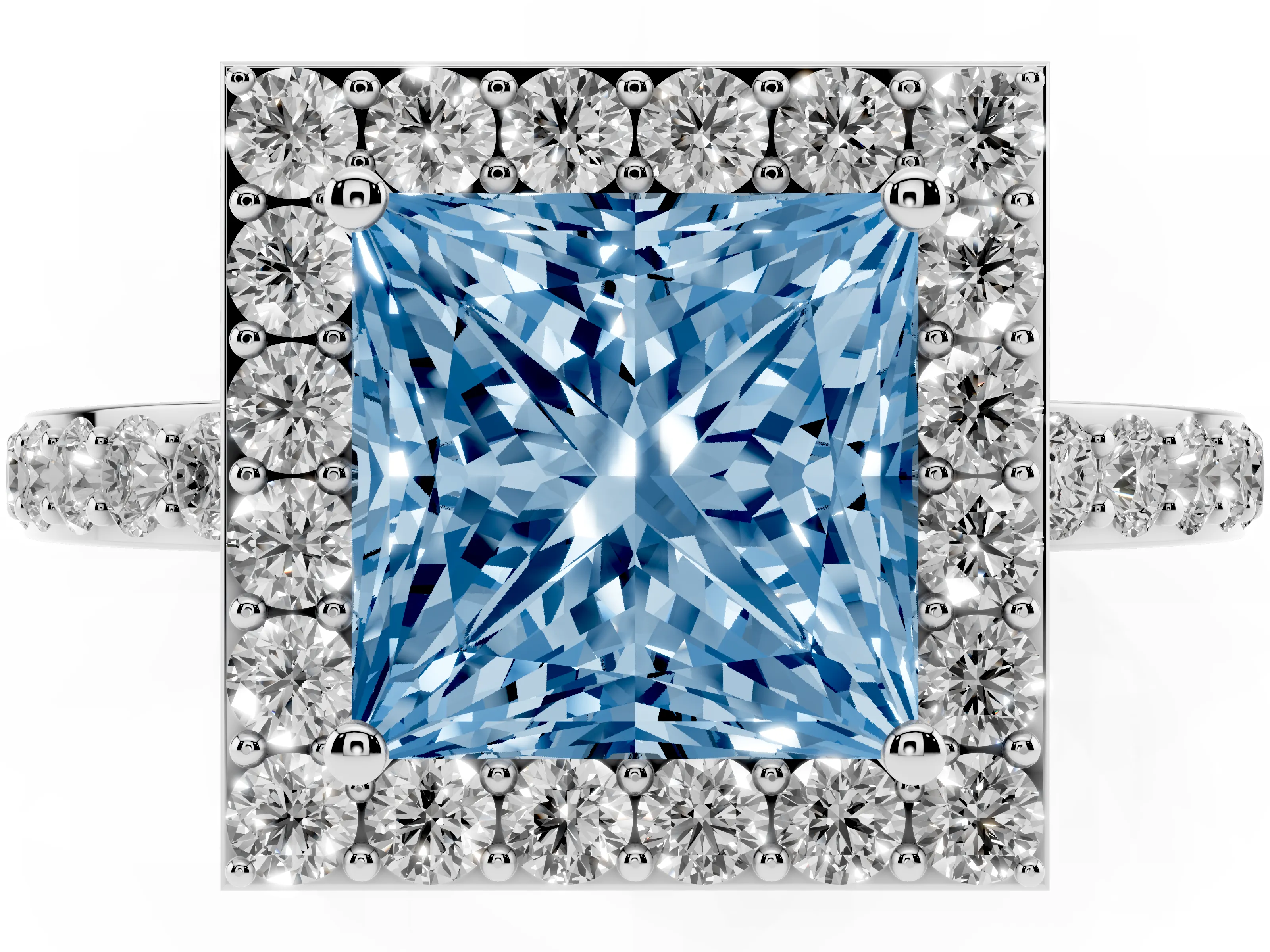 Fancy Blue Princess Cut Diamond Halo Ring Set in Silver with Pavé-Setting Band and Open Prong Center