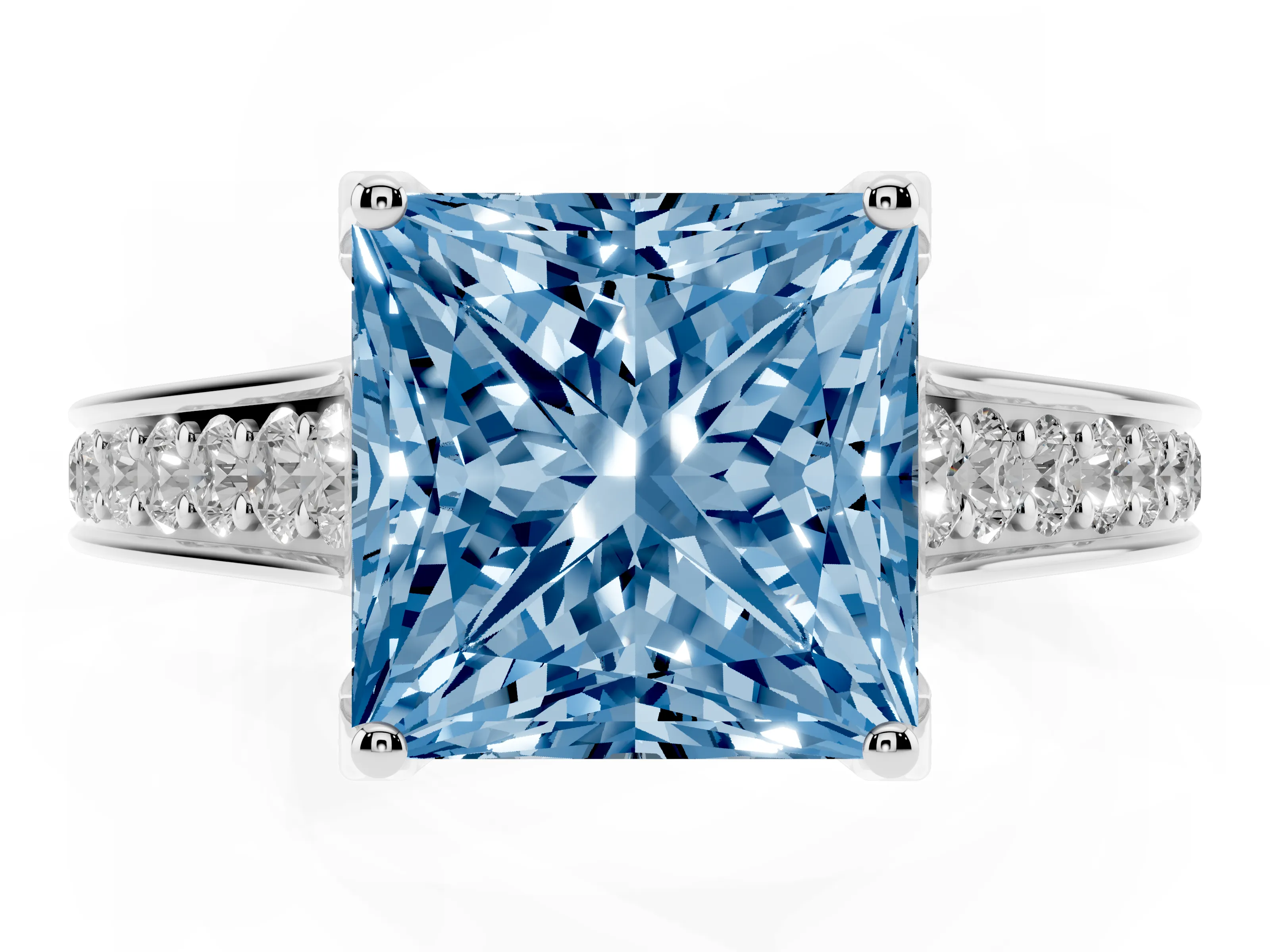 Fancy Blue Princess Cut Diamond Solitaire Pavé Engagement Ring Set in Platinum with Prong Setting