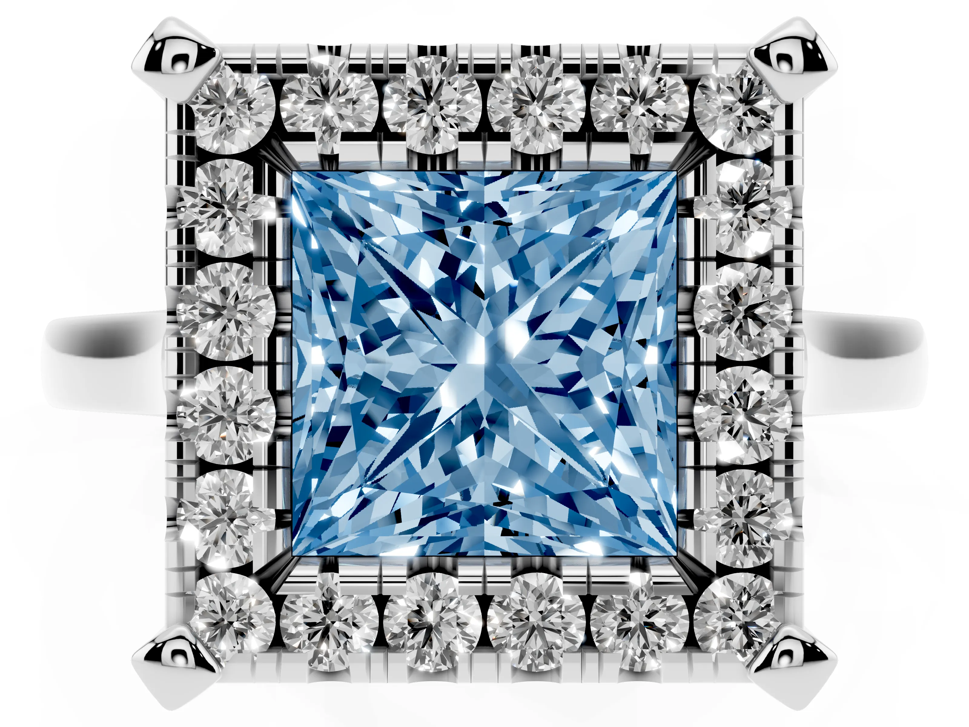 Fancy Blue Princess Cut Diamond Cluster Halo Solitaire Ring Set in Silver with Prong Setting