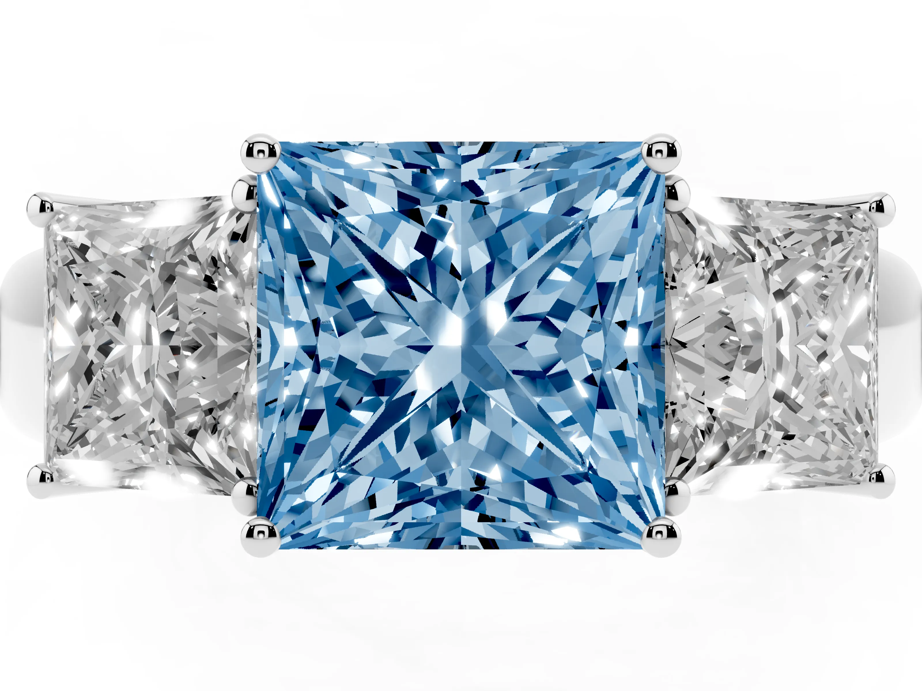 Fancy Blue Three-Stone Princess Cut Diamond Ring Set in Platinum with Matching Prong Settings and Plain Band