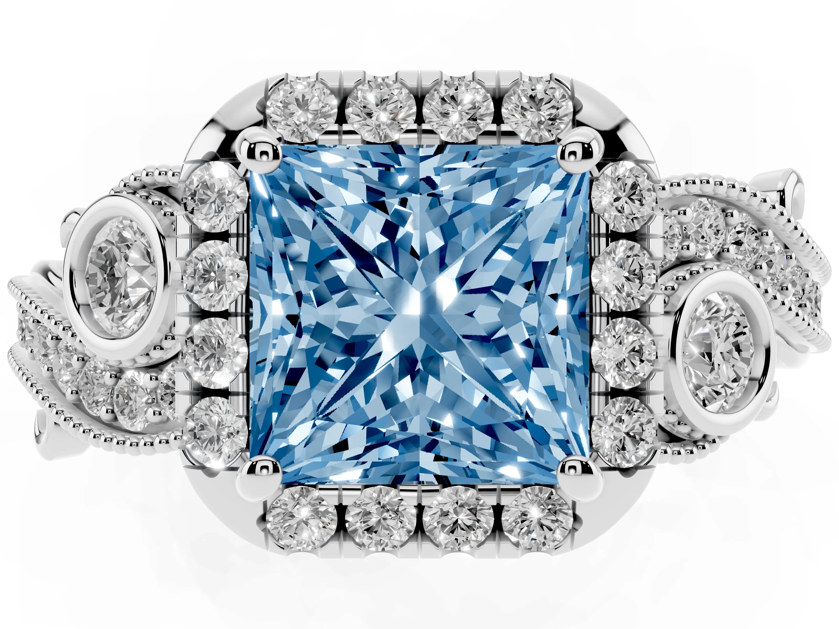 Fancy Blue Princess Cut Diamond Halo Split Shank Ring Set in Silver with Milgrain and Bezel Accents