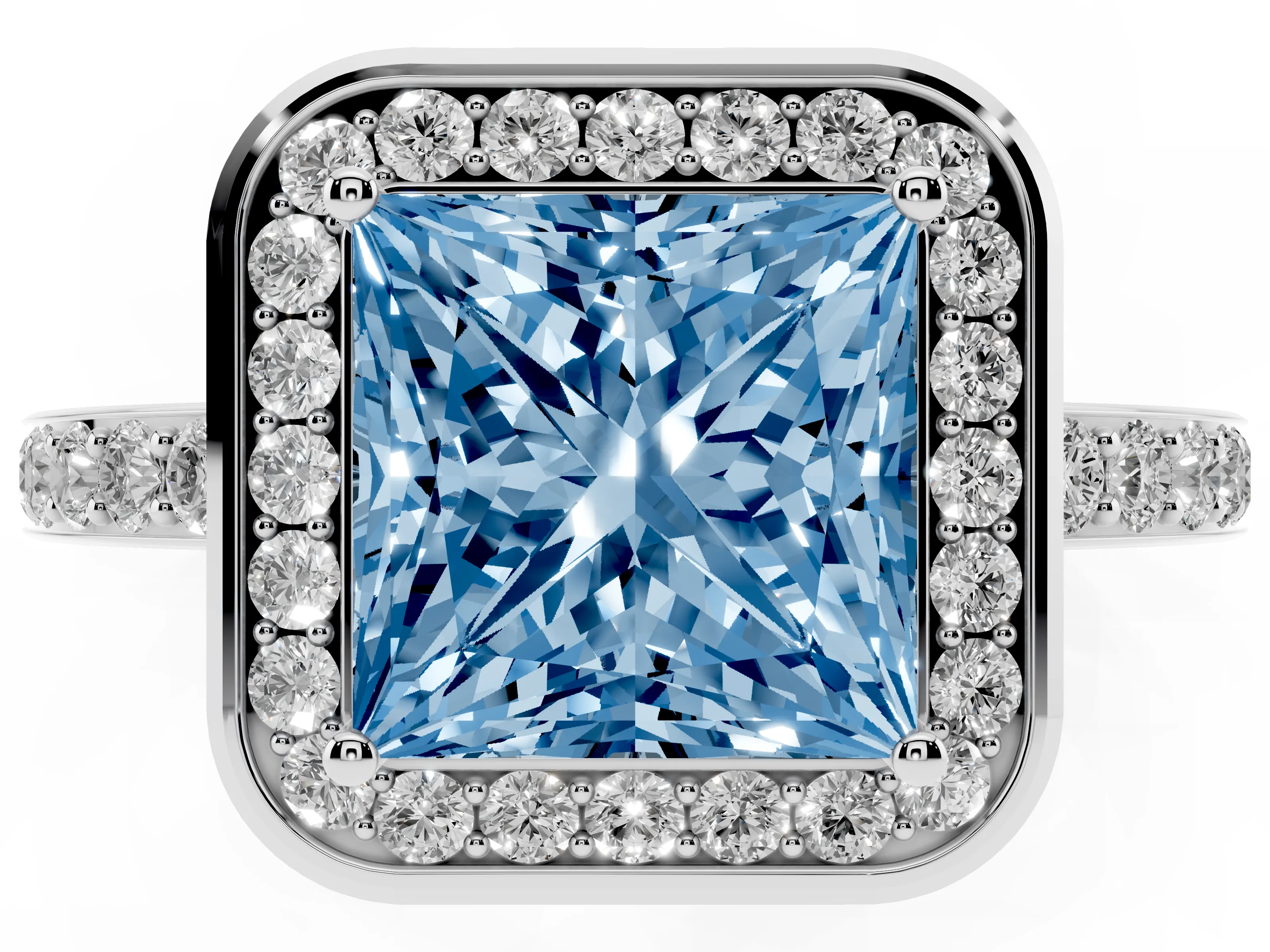 Fancy Blue Princess Cut Diamond Halo Ring Set in Platinum with Bezel Frame and Pavé Band
