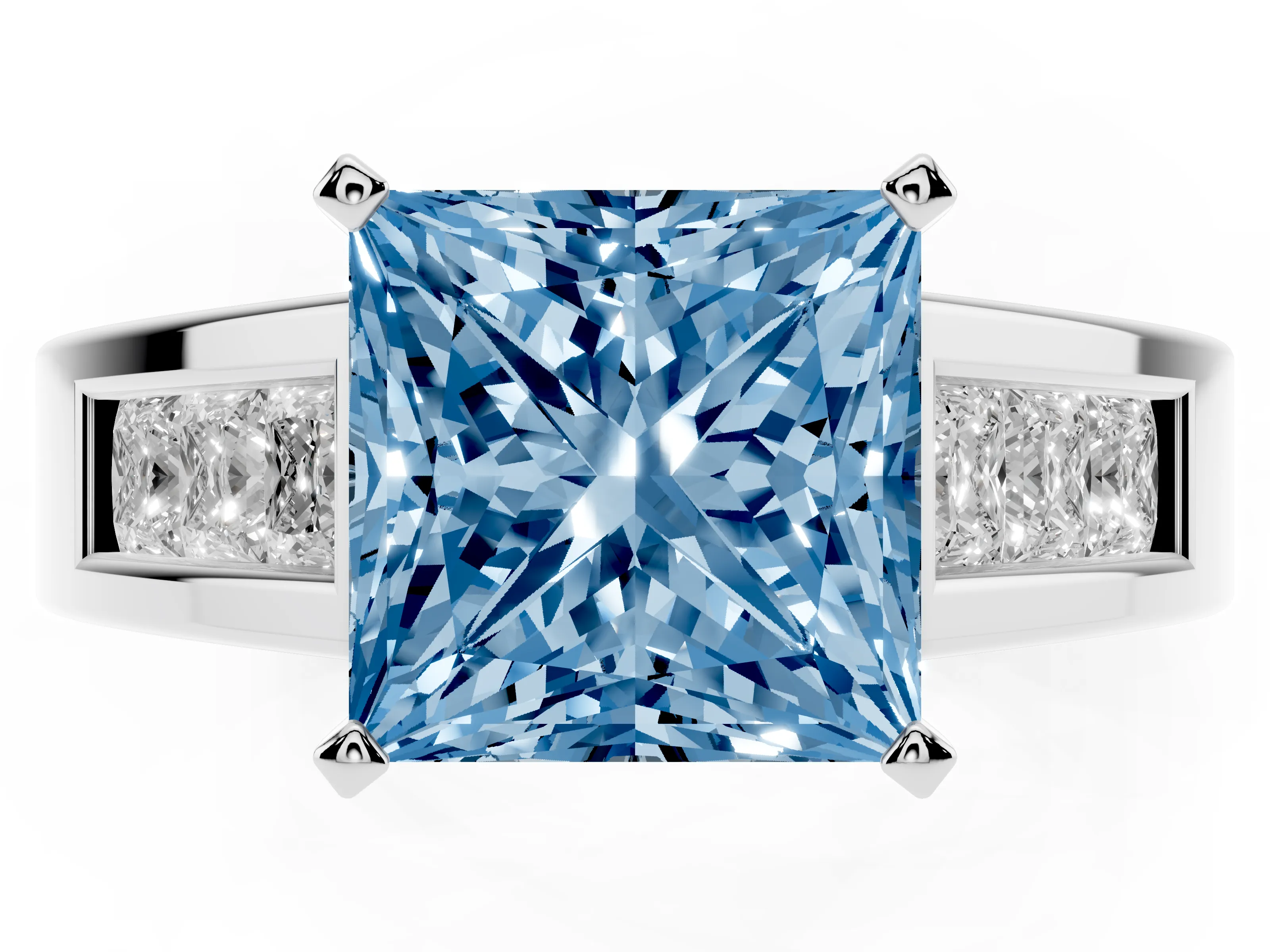 Fancy Blue Princess Cut Diamond Solitaire Ring Set in Silver with Channel-Set Accent Stones and Prong Setting