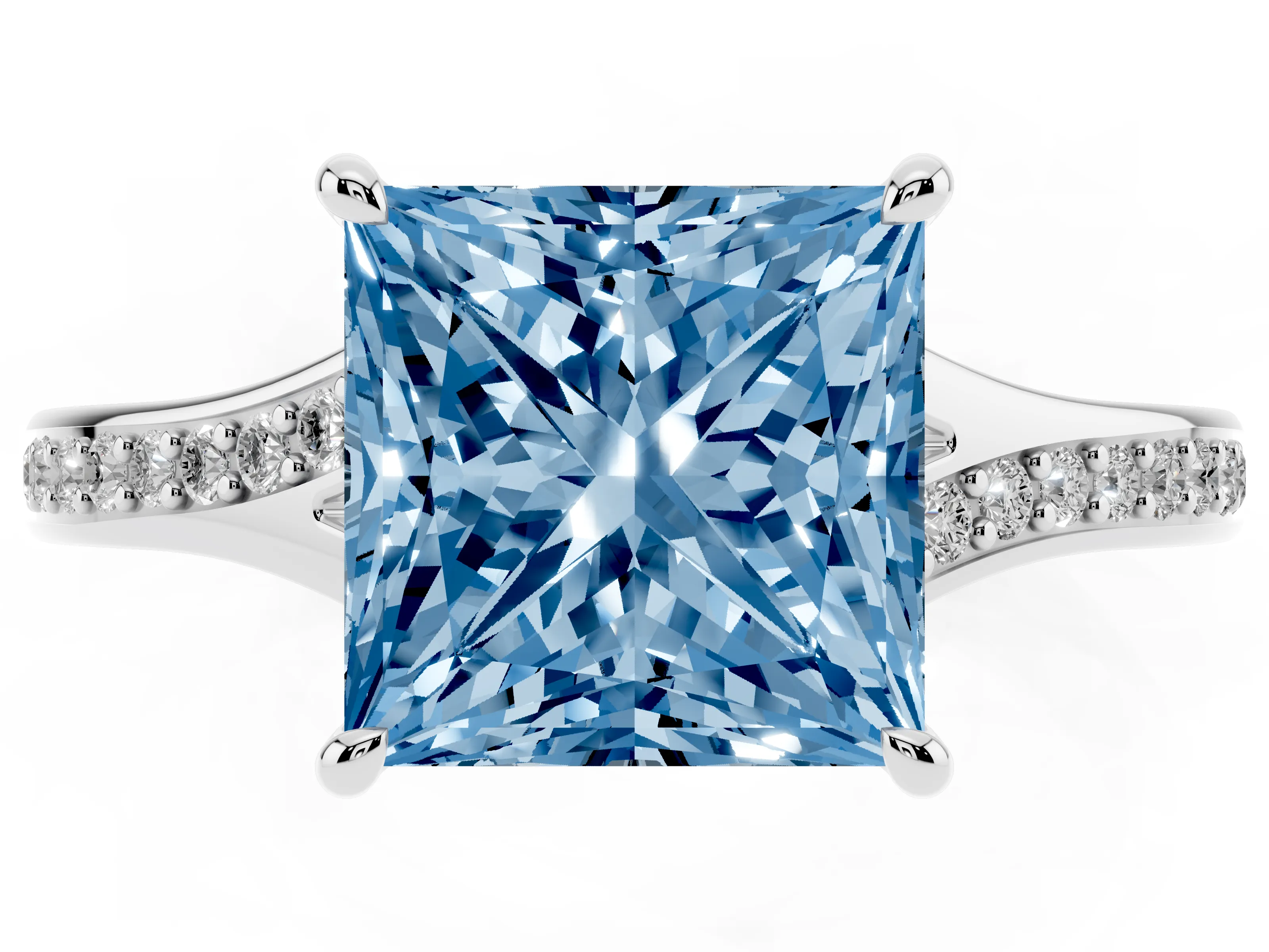 Fancy Blue Princess Cut Diamond Solitaire Ring Set in Silver with Pavé Accent Band and Classic Prong Setting