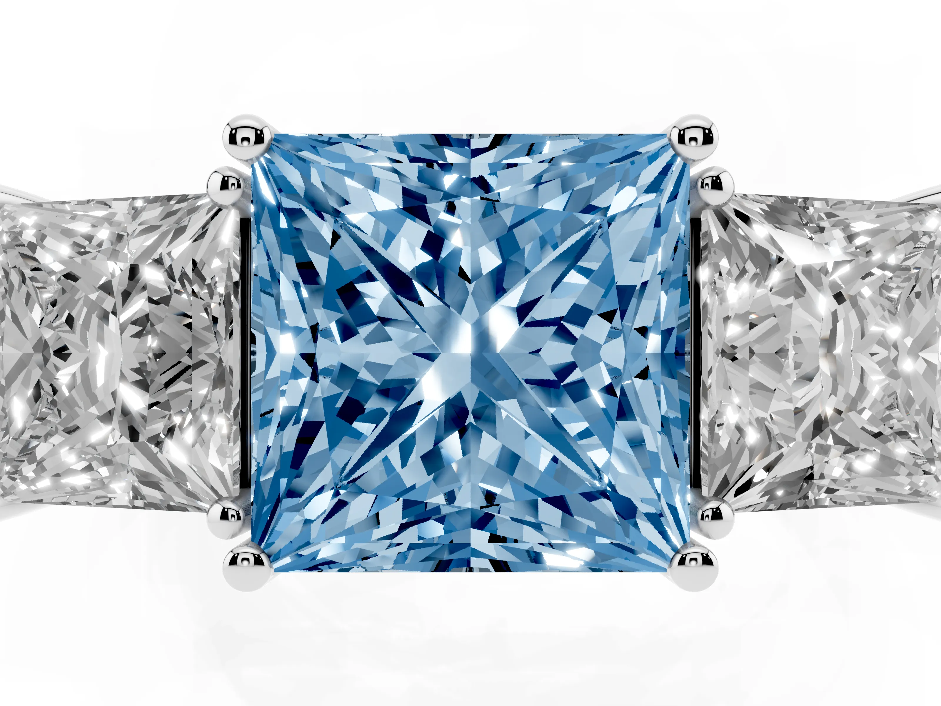 Fancy Blue Princess Cut Diamond Three-Stone Engagement Ring Set in Silver with Flat Band