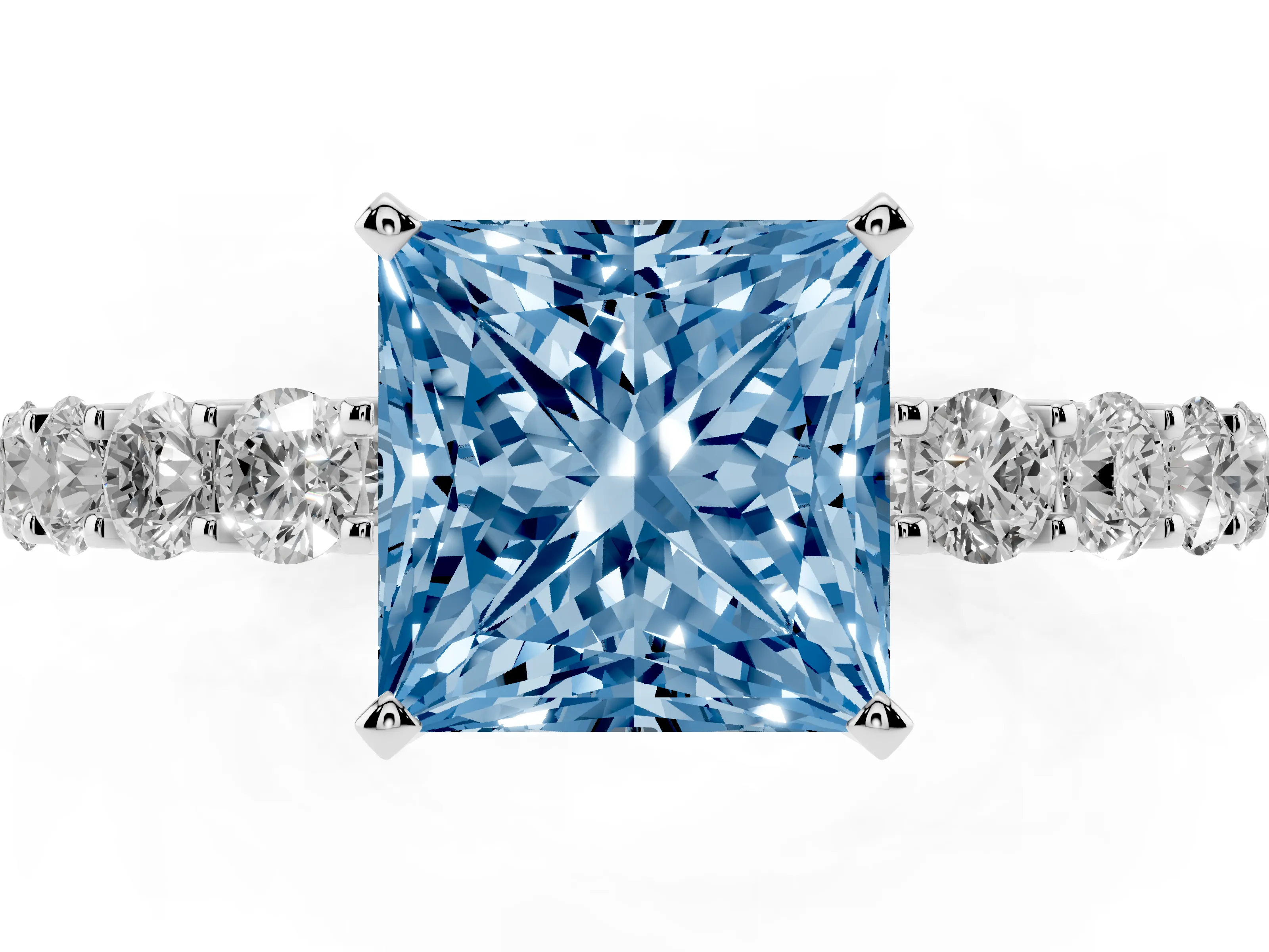 Fancy Blue Princess Cut Diamond Solitaire Ring Set in Silver with Shared Prong Pavé Band