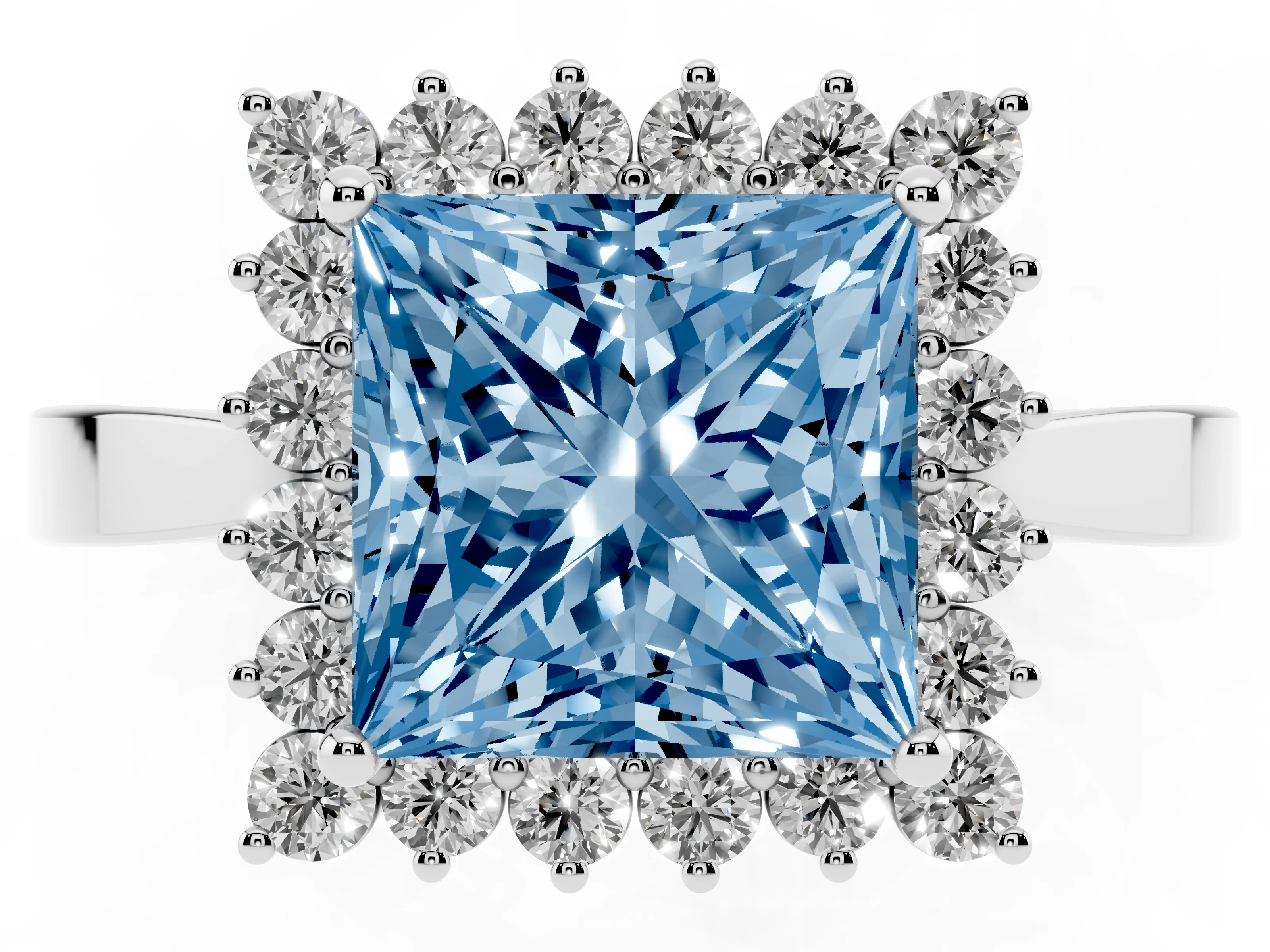 Fancy Blue Princess Cut Diamond Halo Ring Set in Platinum with Round Halo and Smooth Solitaire Band