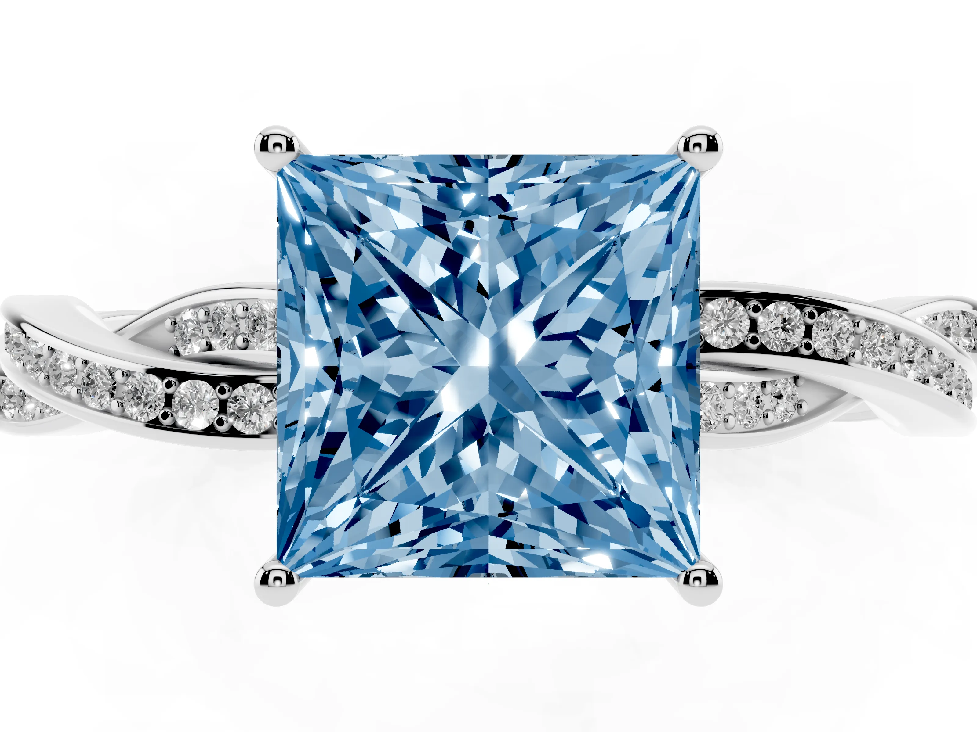 Fancy Blue Princess Cut Diamond Solitaire Twisted Pavé Ring Set in Silver with Prong Setting