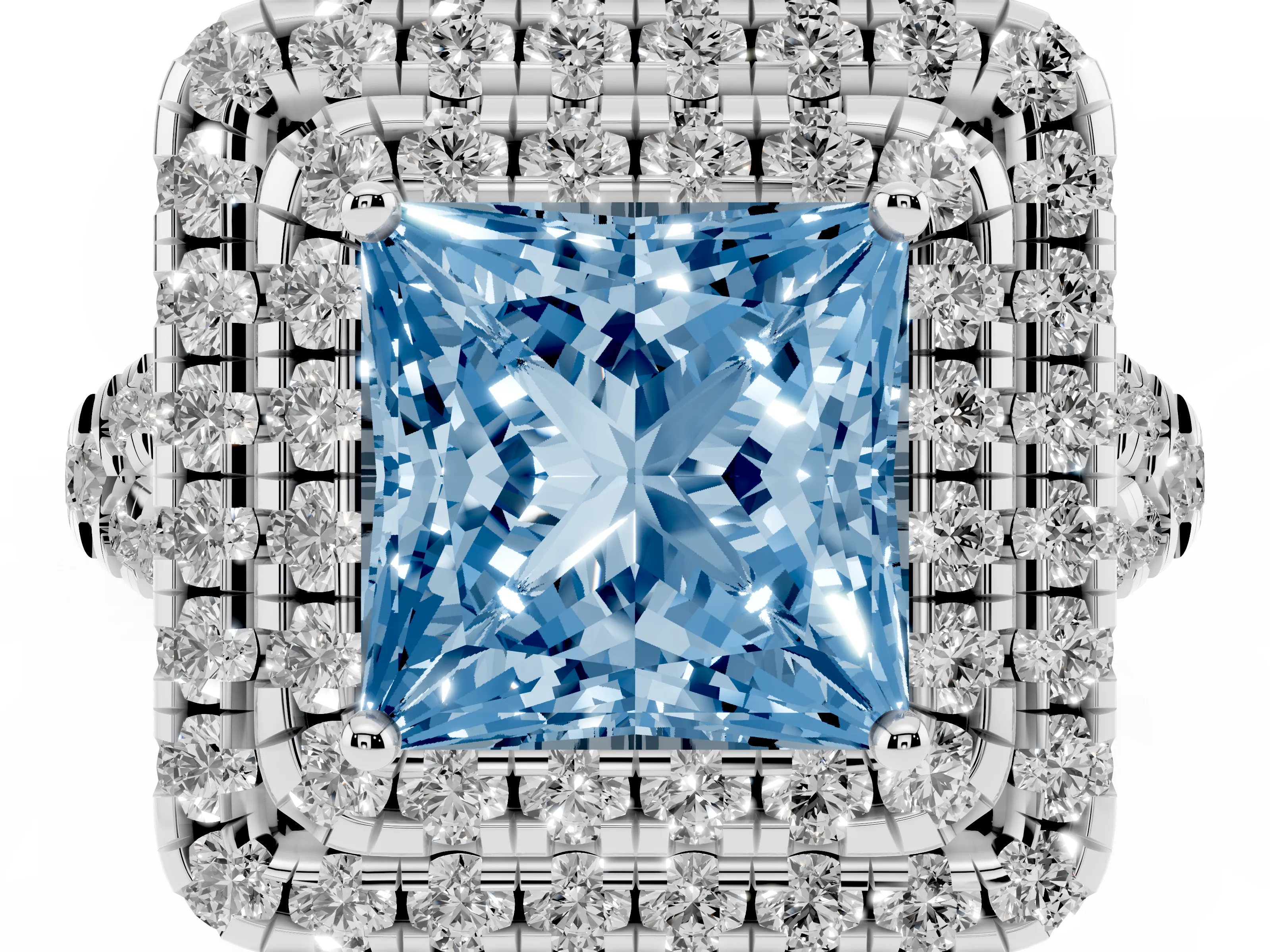 Fancy Blue Princess Cut Diamond Double Halo Ring Set in Silver with Pavé Split Shank and Prong Setting