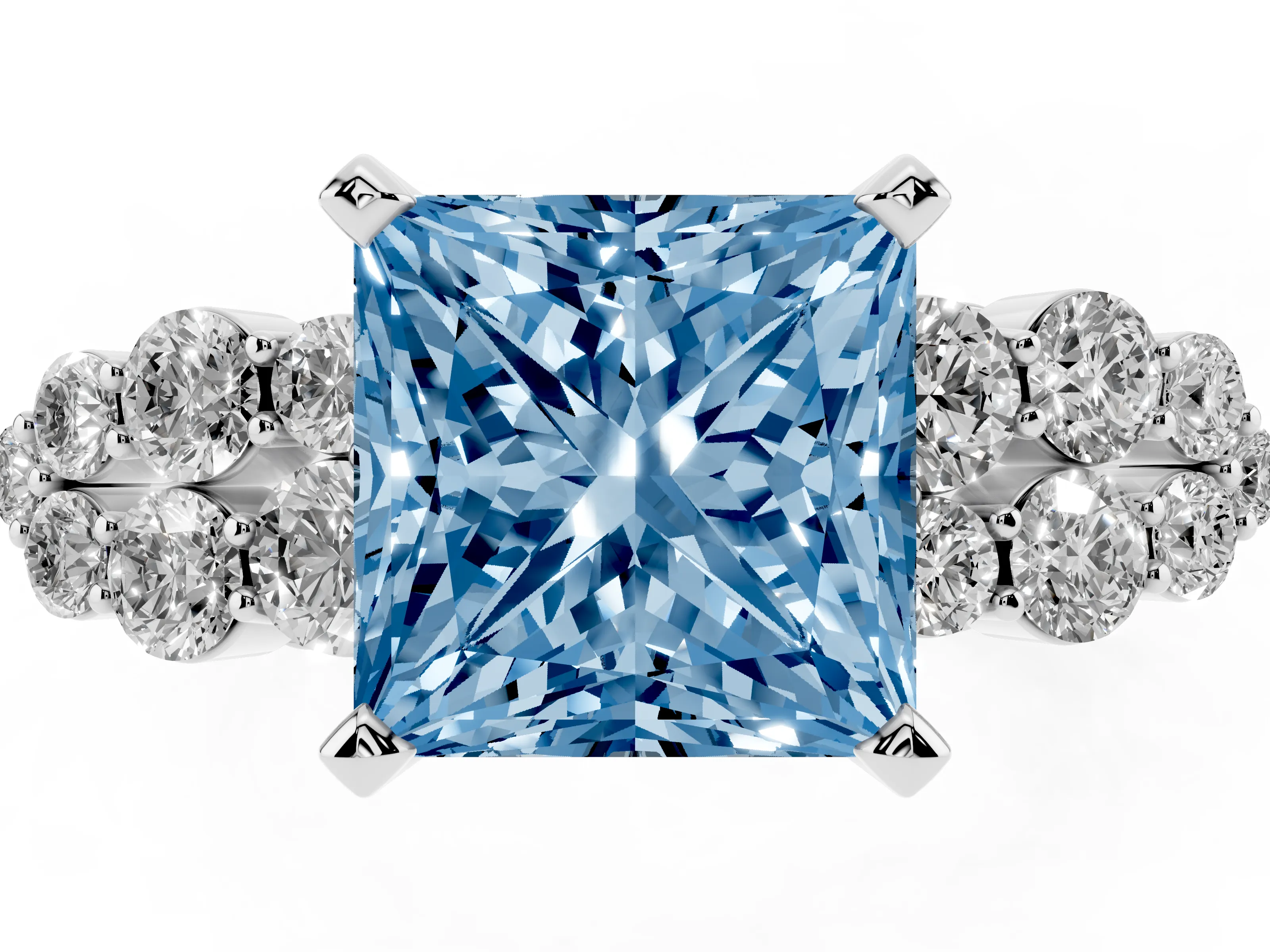 Fancy Blue Princess Cut Diamond Cluster Engagement Ring Set in Silver with Pavé Band and Prong Setting