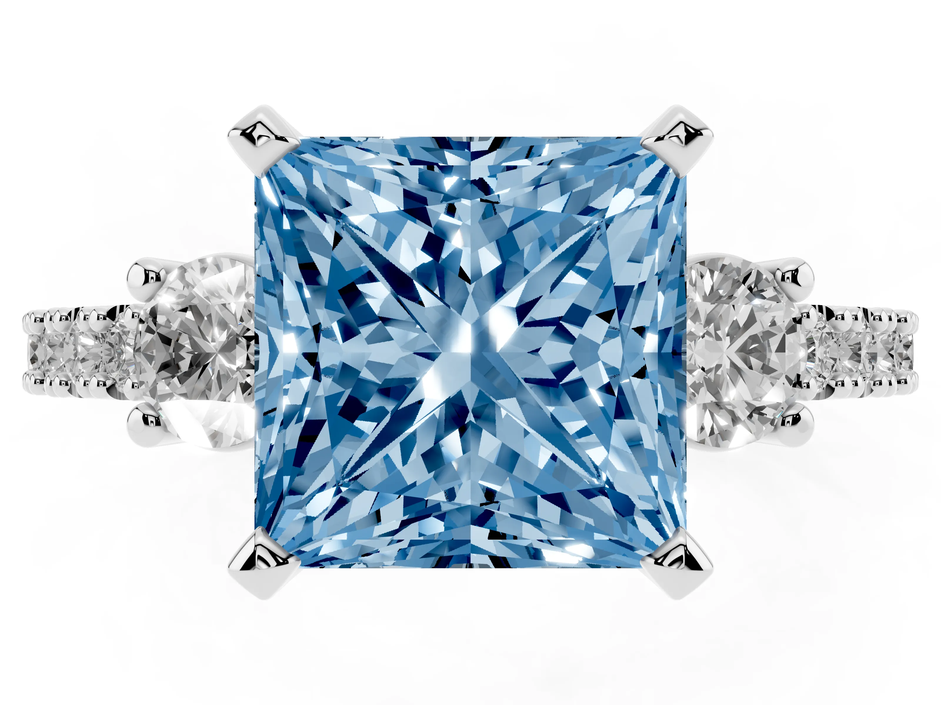 Fancy Blue Three-Stone Princess Cut Diamond Pavé Band Ring Set in Silver with Prong Setting