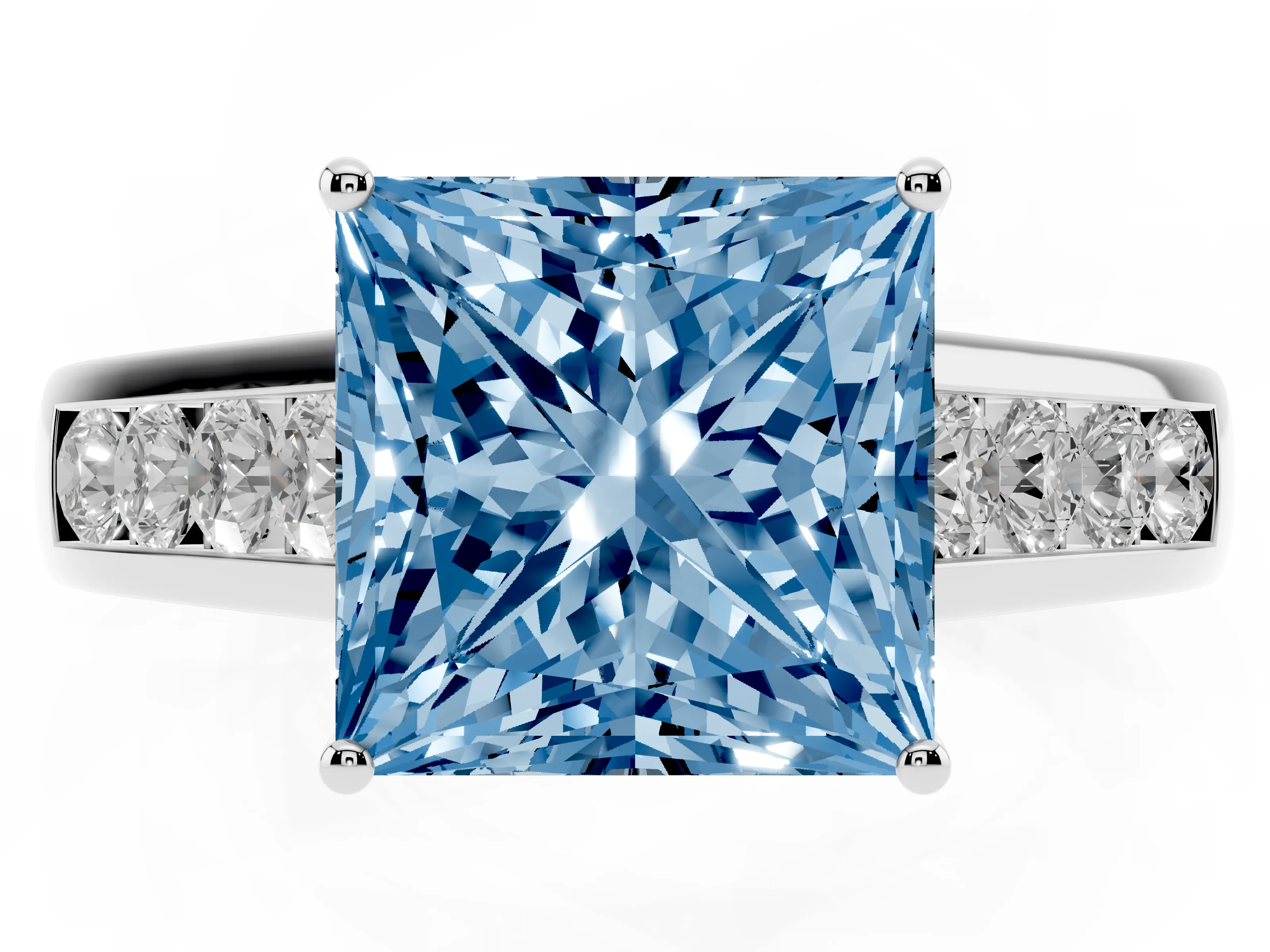 Fancy Blue Princess Cut Diamond Solitaire Channel-Set Engagement Ring Set in Silver with Prong Setting
