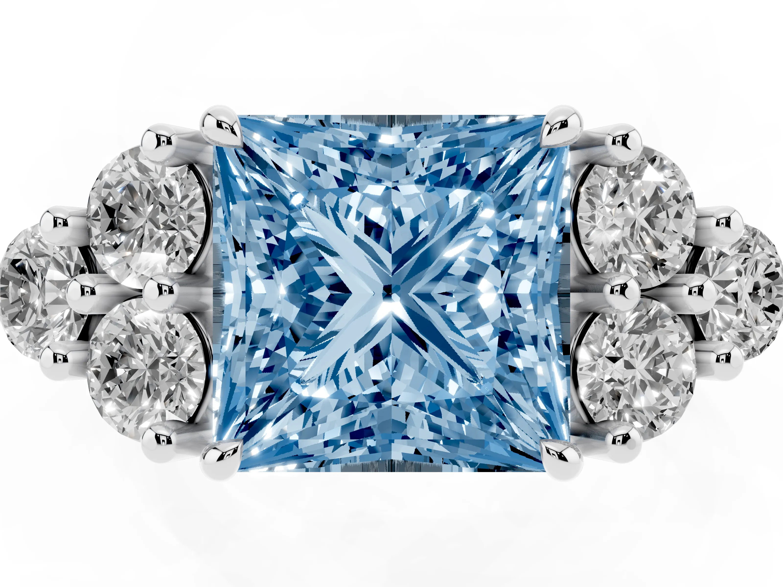 Fancy Blue Princess Cut Diamond Solitaire Ring Set in Platinum with Cluster Accents on Each Side