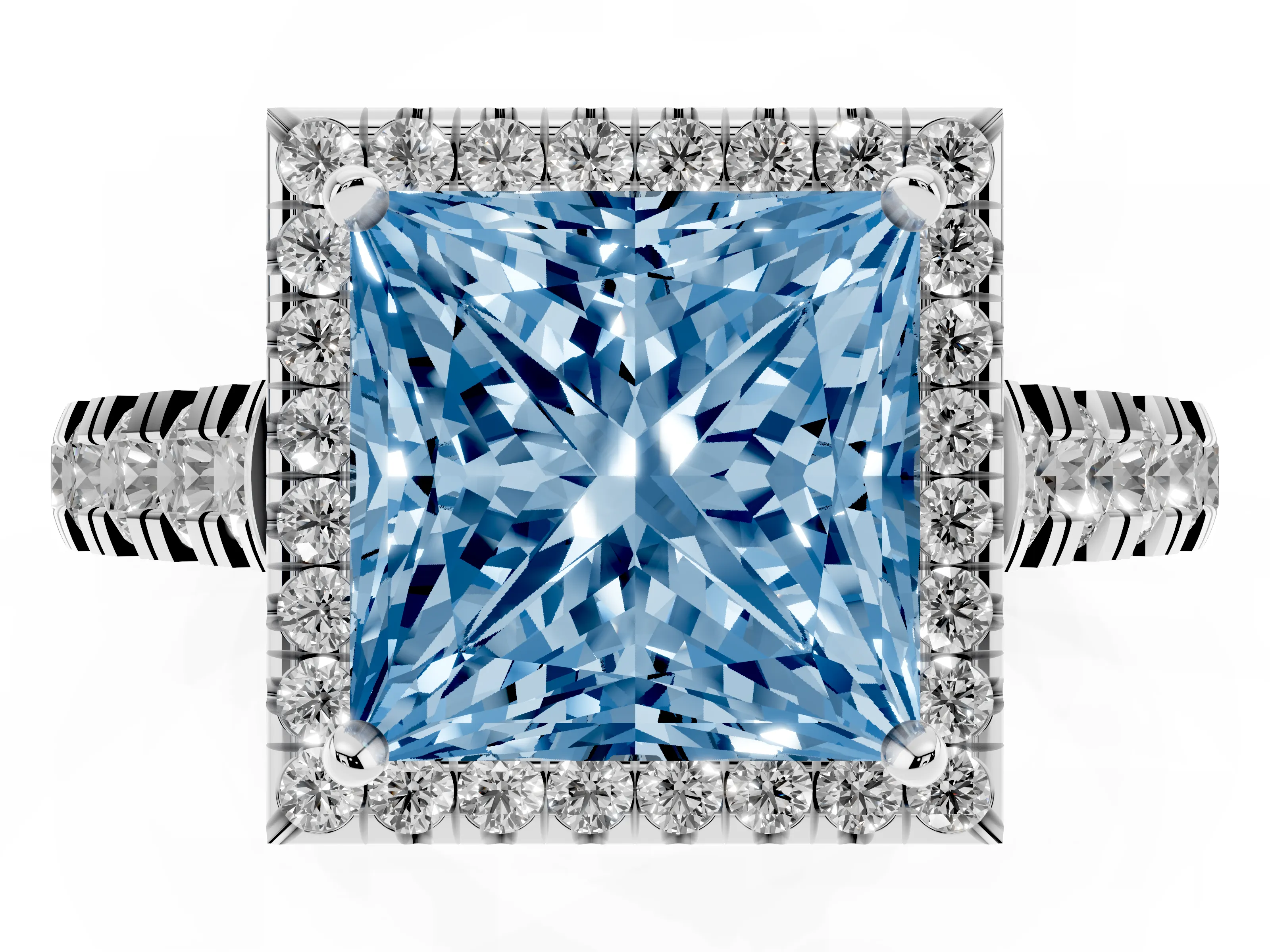 Fancy Blue Princess Cut Diamond Halo Engagement Ring Set in White gold with Pavé Band and Prong-Set Center