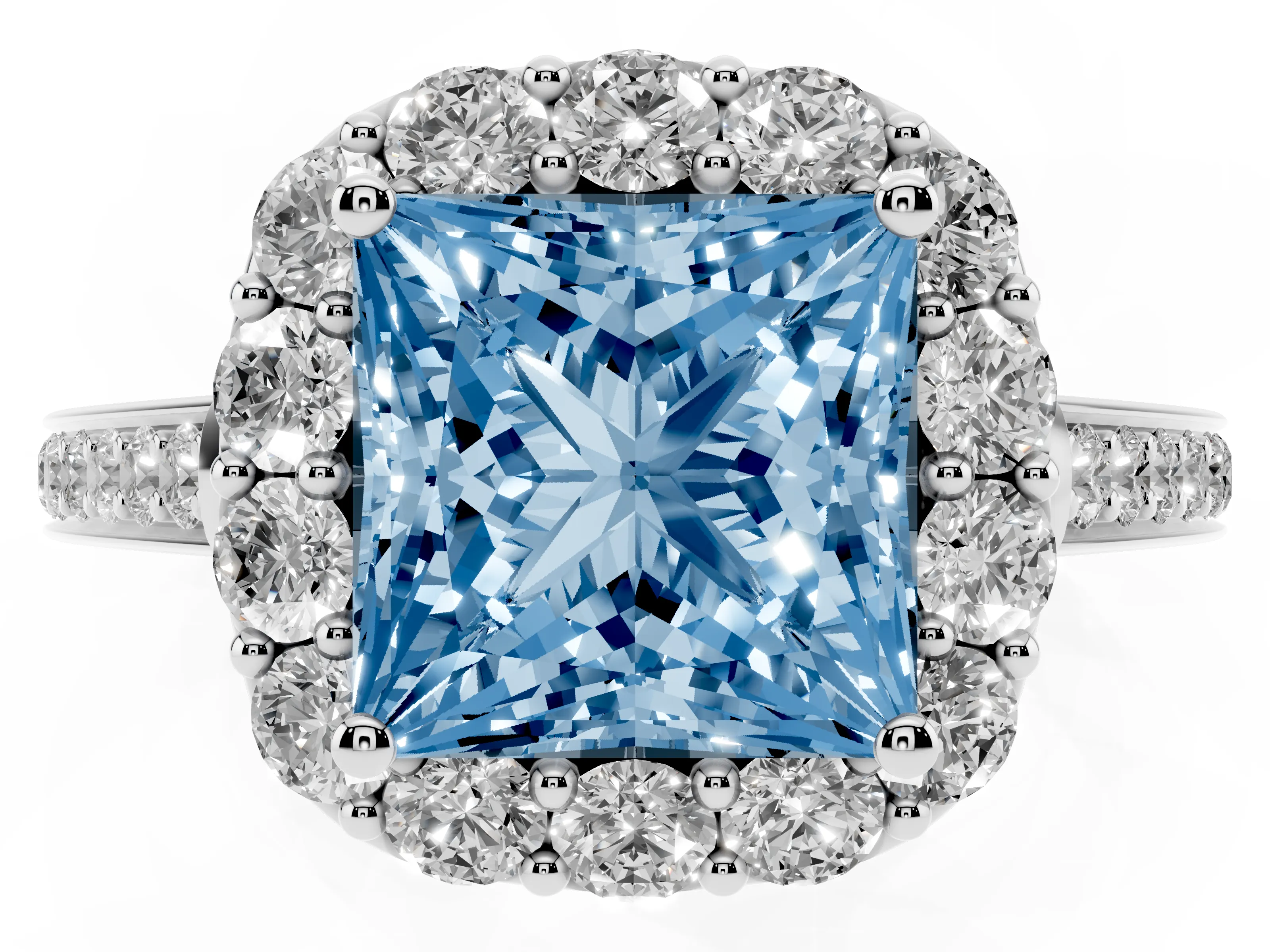 Fancy Blue Princess Cut Diamond Floral Halo Ring Set in Platinum with Pavé Band and Prong Setting