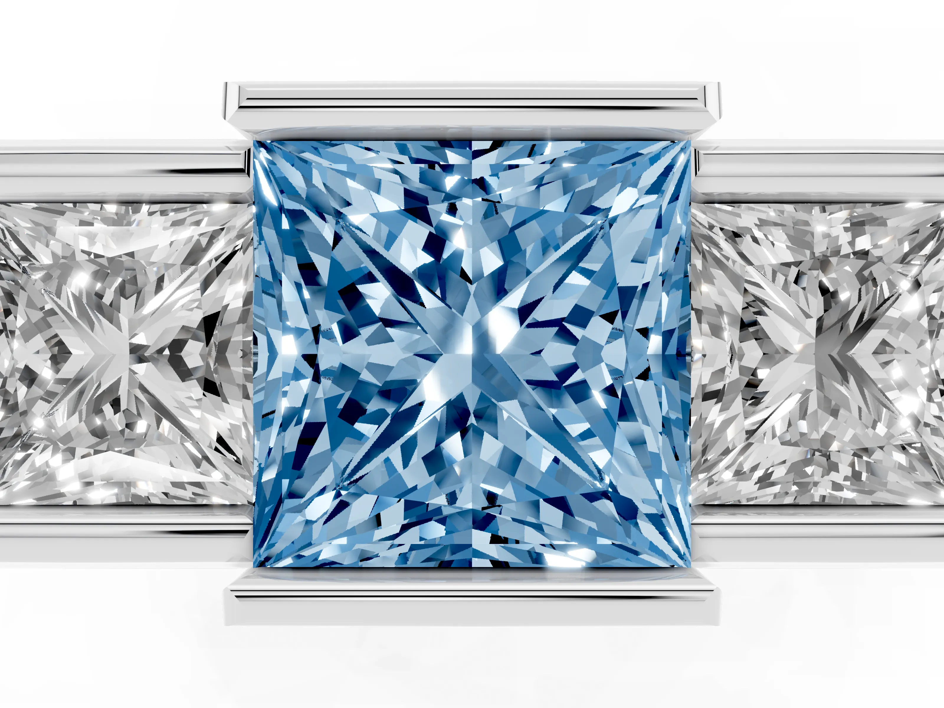 Fancy Blue Princess Cut Diamond Three-Stone Channel Set Ring Set in Platinum with Smooth Polished Band