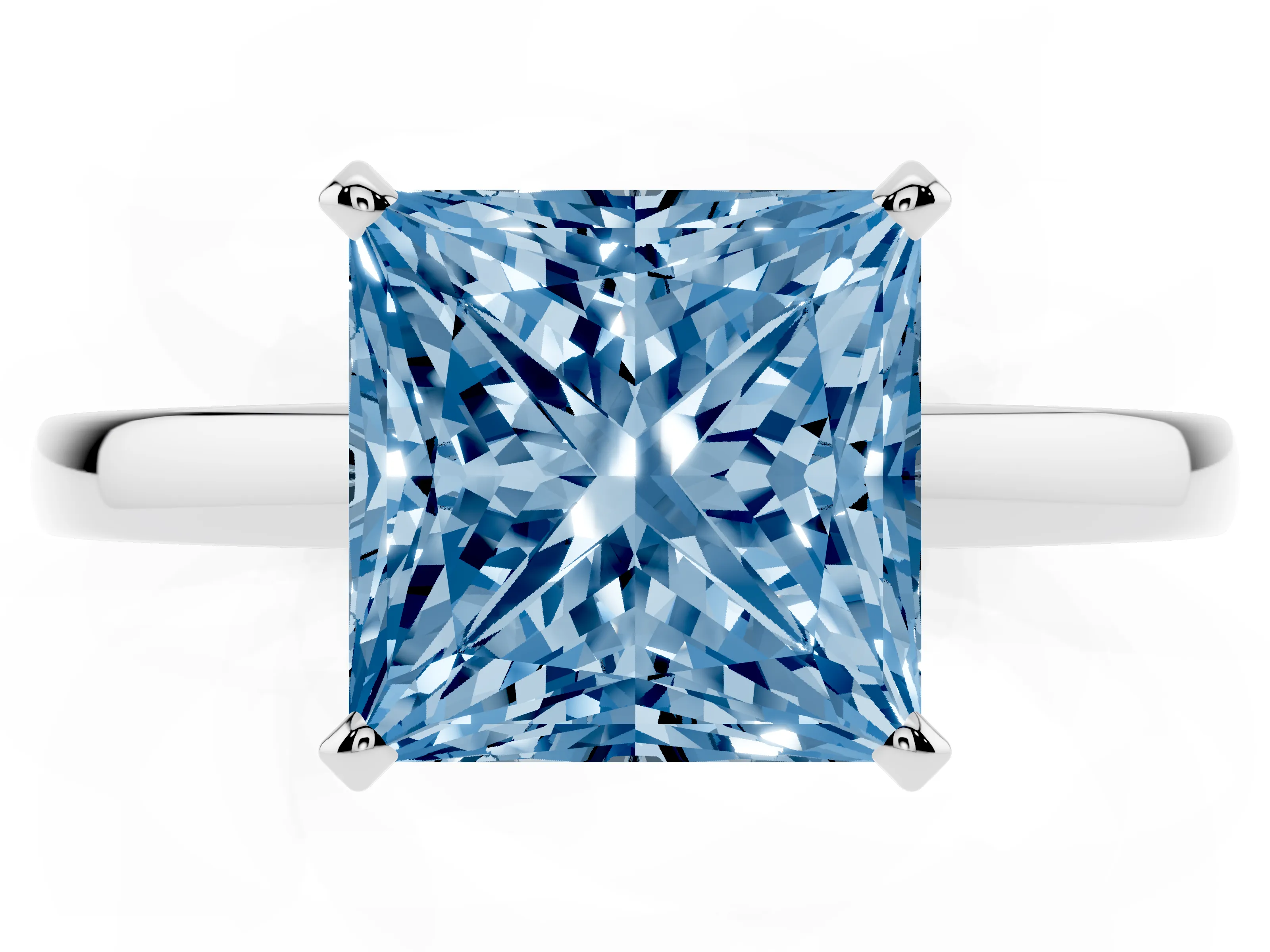 Fancy Blue Princess Cut Diamond Solitaire Engagement Ring Set in White gold with Prong Setting on a Classic Band