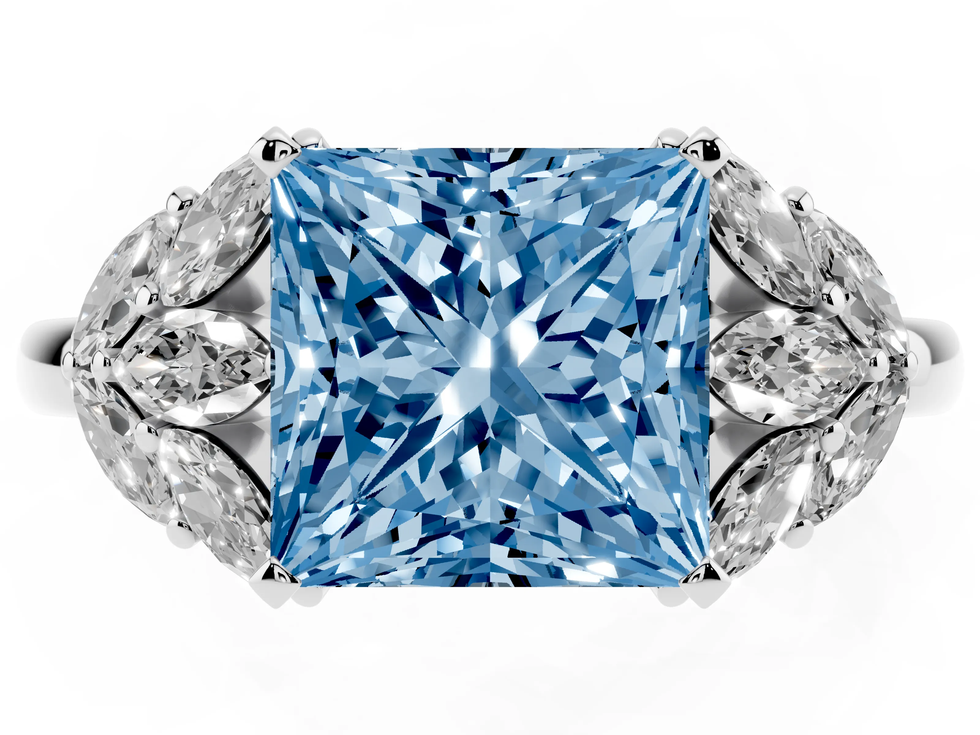 Fancy Blue Princess Cut Diamond Cluster Leaf Design Ring Set in White gold with Prong Setting