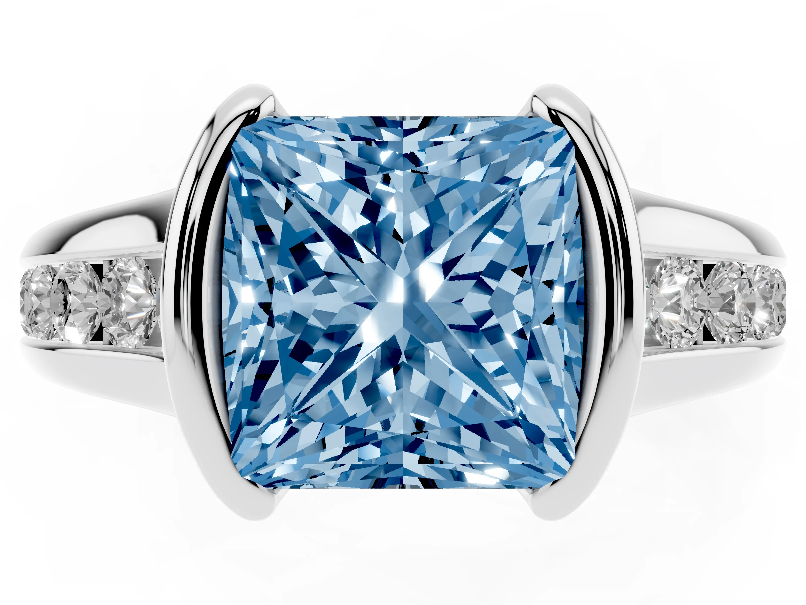 Fancy Blue Princess Cut Diamond Bezel-Set Solitaire Ring Set in Silver with Channel-Set Band