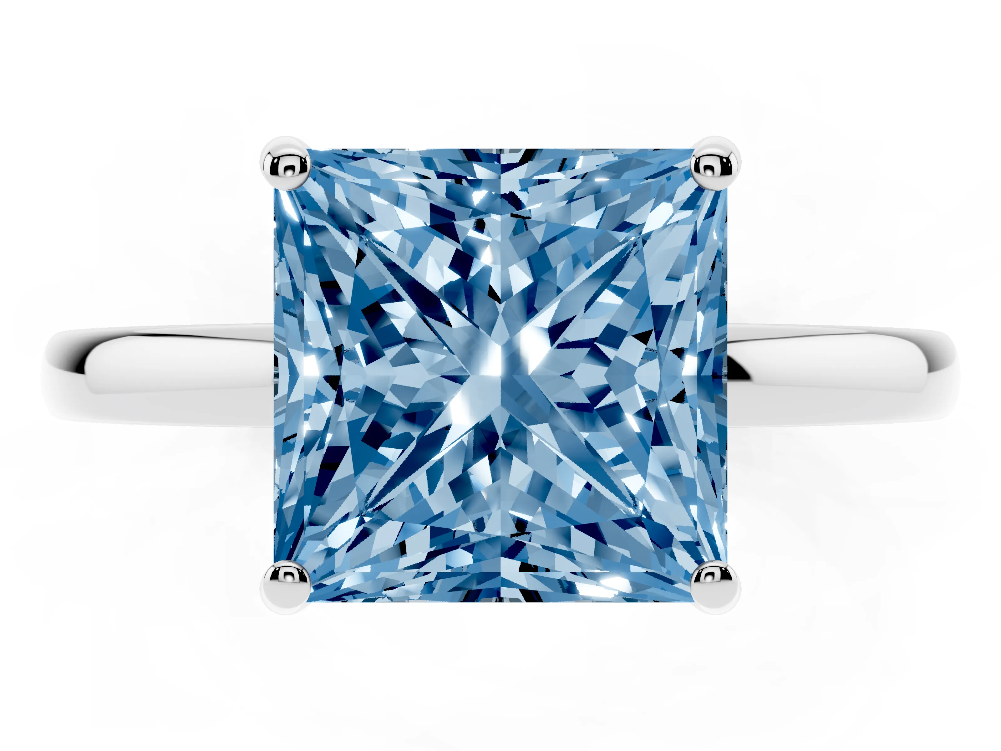 Fancy Blue Princess Cut Diamond Solitaire Ring Set in Silver with Plain Band and Prong Setting