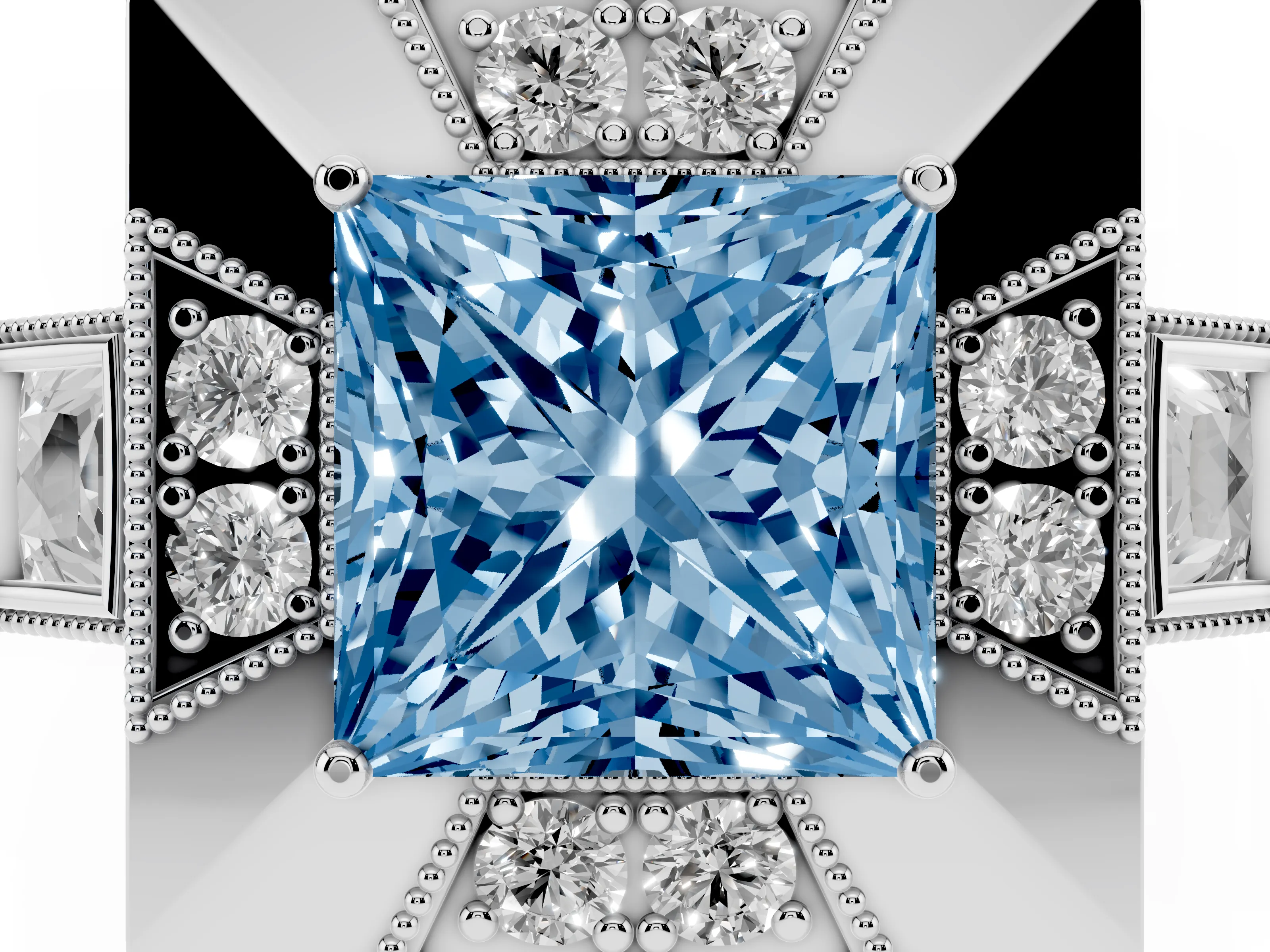 Fancy Blue Princess Cut Diamond Milgrain Halo Ring Set in Silver with Split Shank