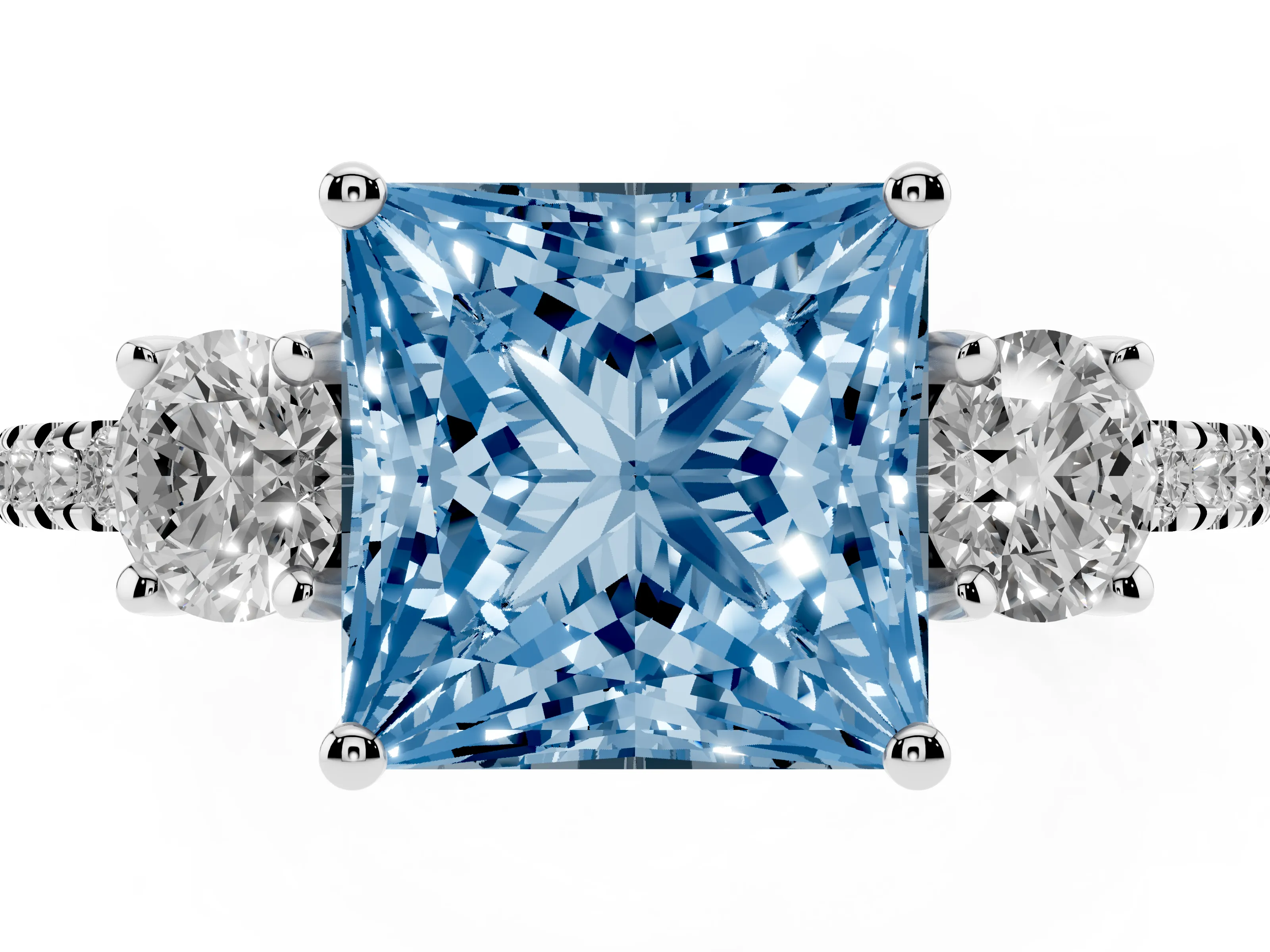 Fancy Blue Princess Cut Diamond Three-Stone Ring Set in Platinum with Pavé Band and Graduated Sides