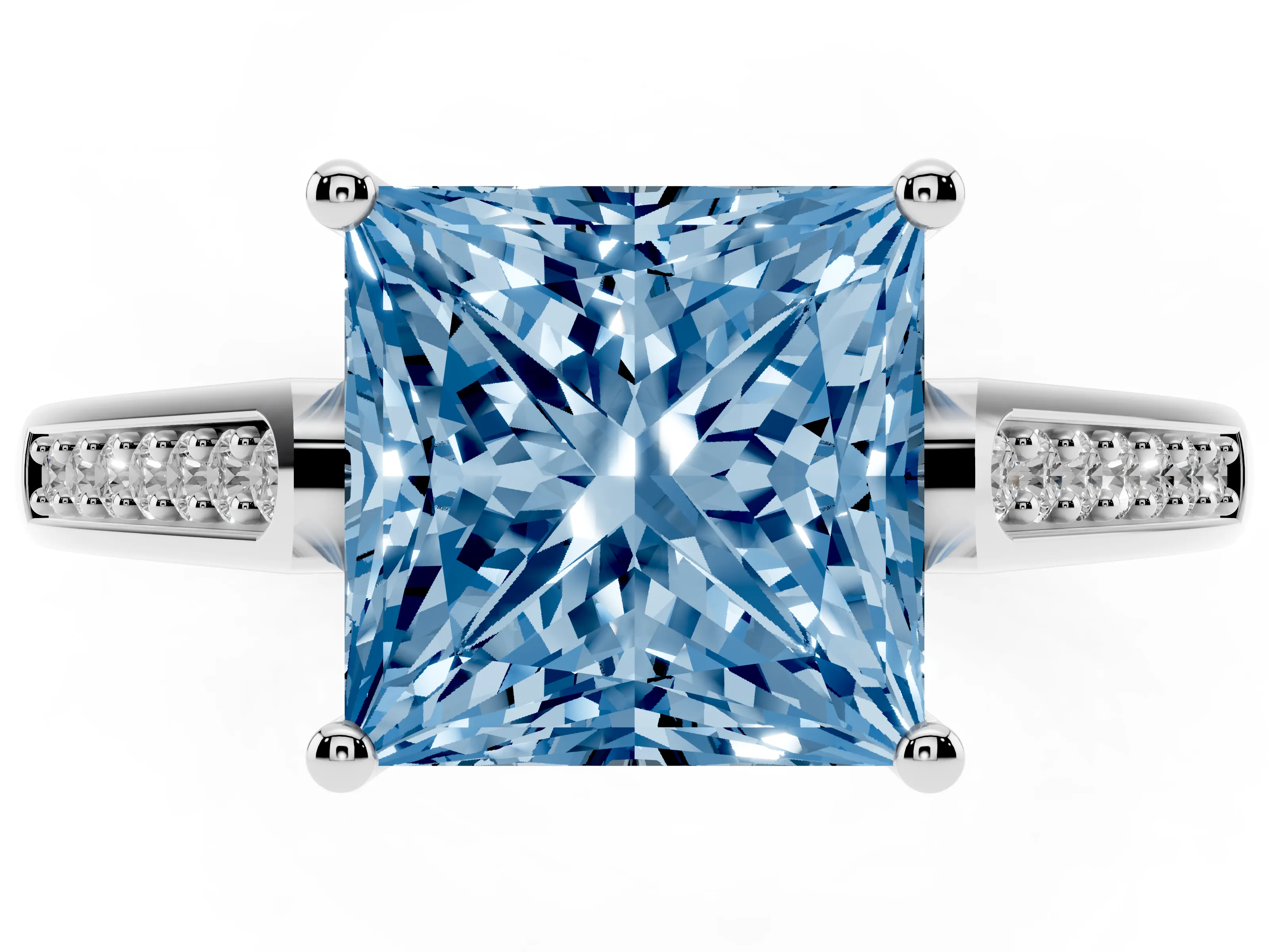 Fancy Blue Princess Cut Diamond Solitaire Cathedral Engagement Ring Set in White gold with Channel-Set Band and Prong Setting