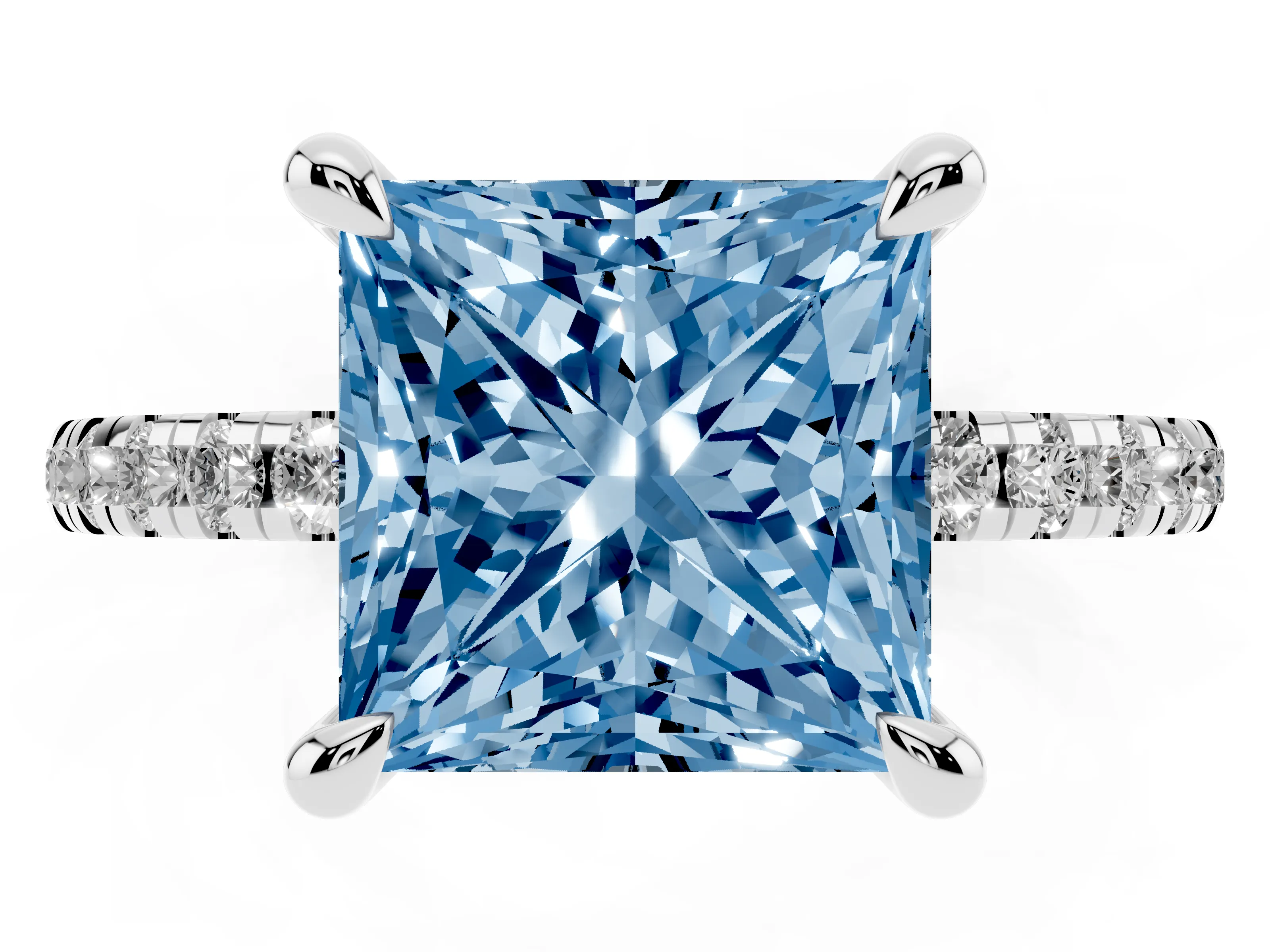 Fancy Blue Princess Cut Diamond Brilliant Solitaire Ring Set in White gold with Pavé Band and Prong Setting