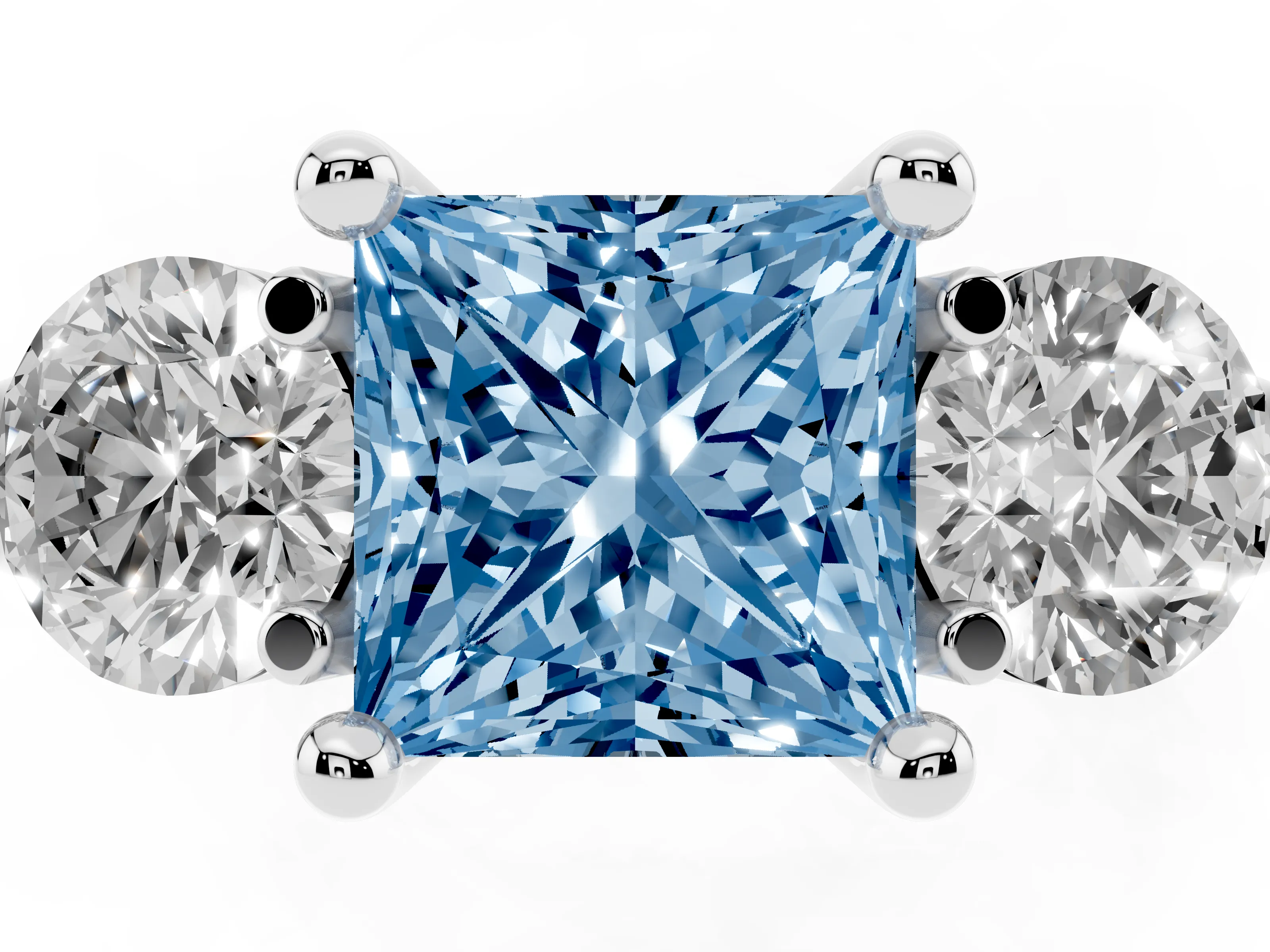 Fancy Blue Princess Cut Diamond Three-Stone Ring Set in Platinum with Prong Setting and Classic Band