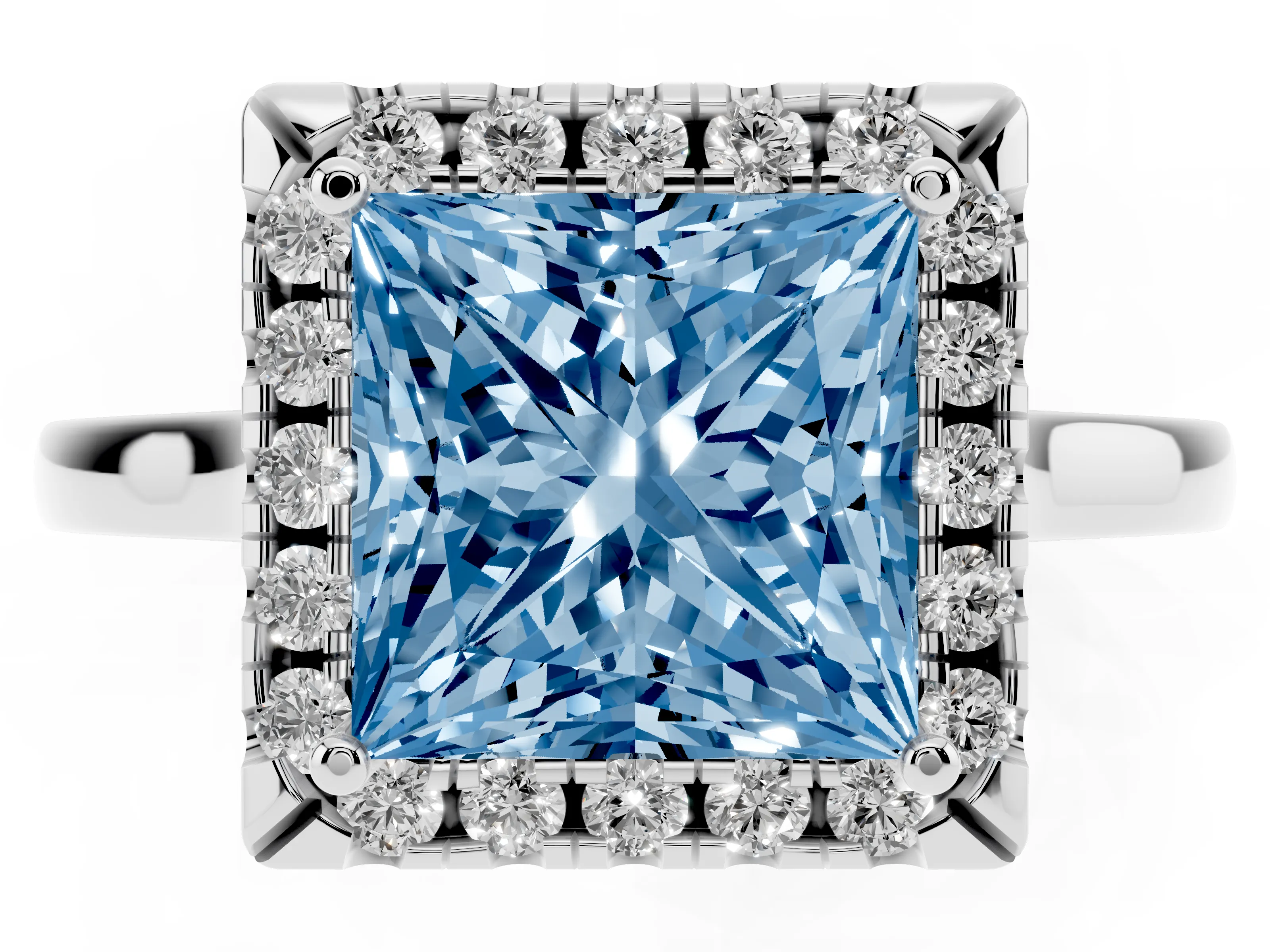 Fancy Blue Princess Cut Halo Round Diamond Solitaire Ring Set in Platinum with Pavé Band and Prong Setting