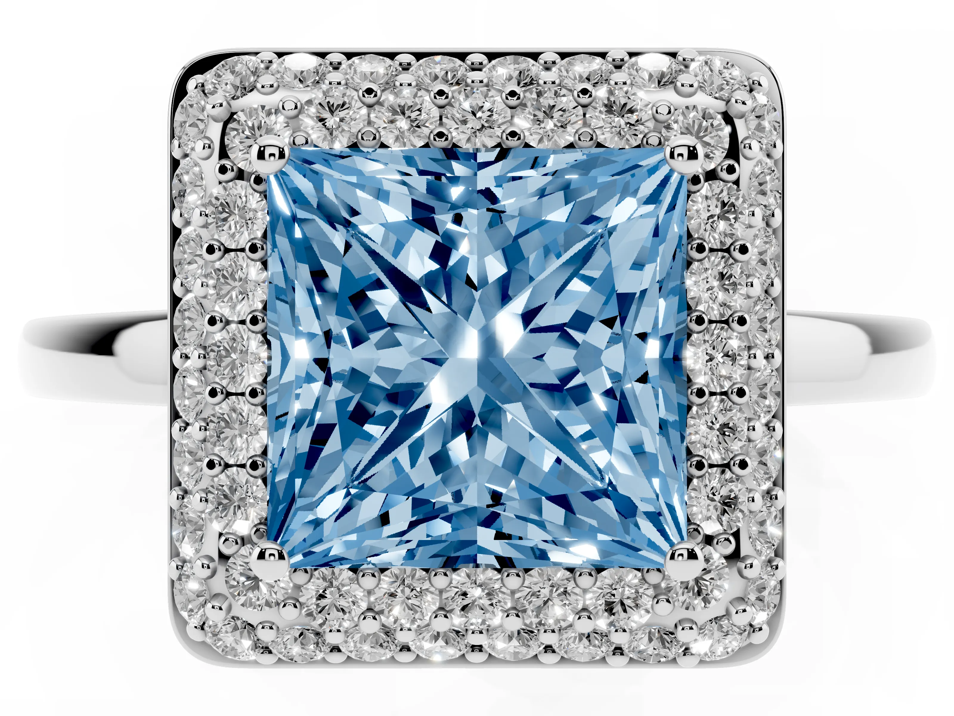 Fancy Blue Princess Cut Diamond Halo Engagement Ring Set in White gold with Solitaire Band and Prong Setting