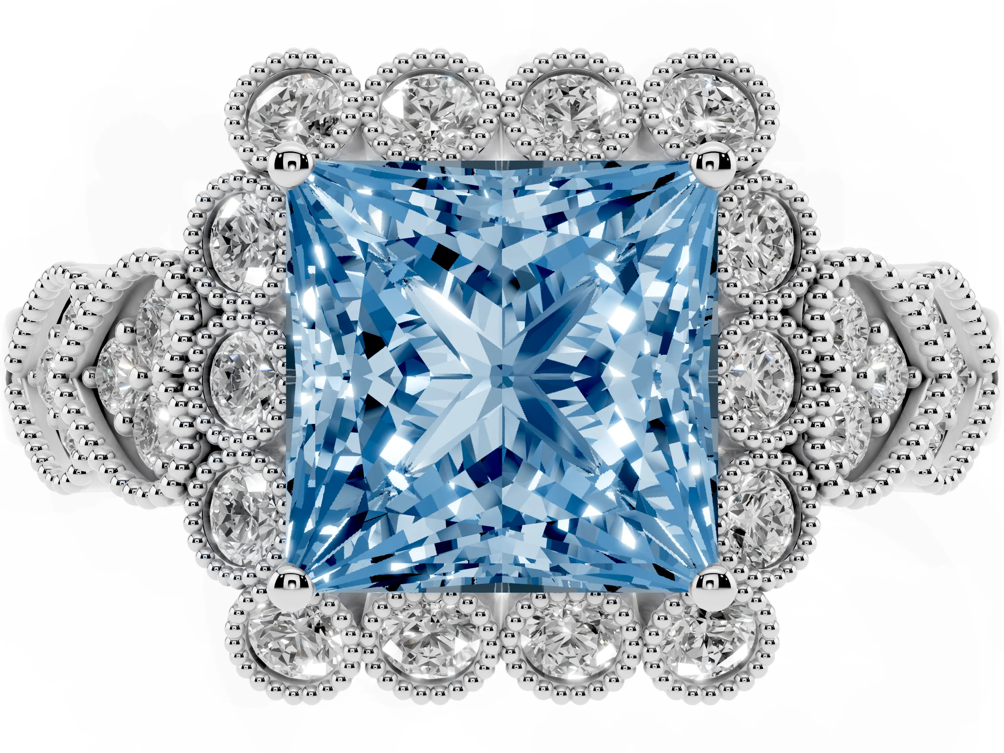 Fancy Blue Princess Cut Diamond Solitaire Ring Set in White gold with Milgrain Pavé Heart Band